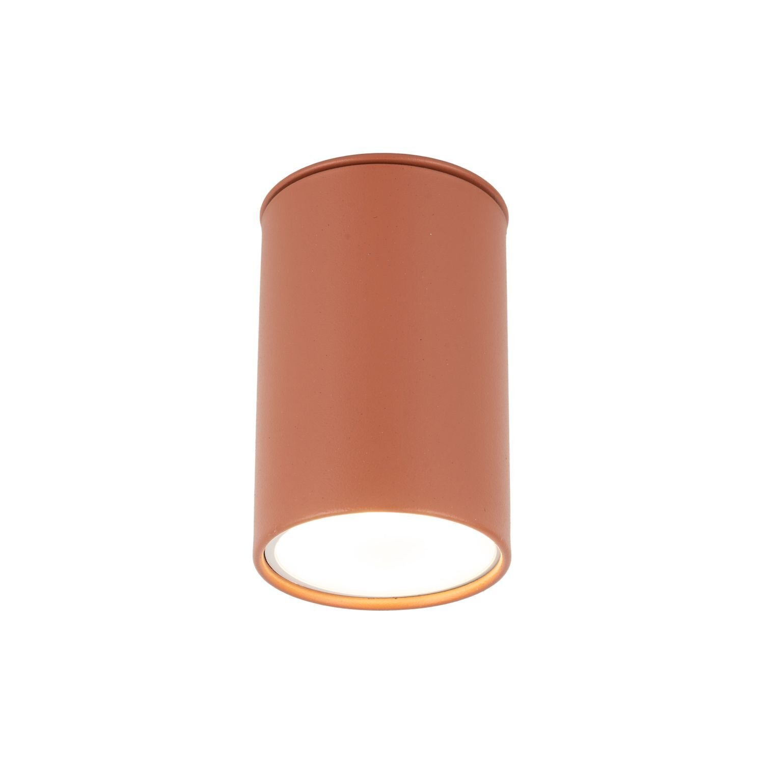 Cylindryczny spot sufitowy w ceglastym kolorze z widocznym źródłem światła na dole. Produkt ma gładką powierzchnię i prosty design.