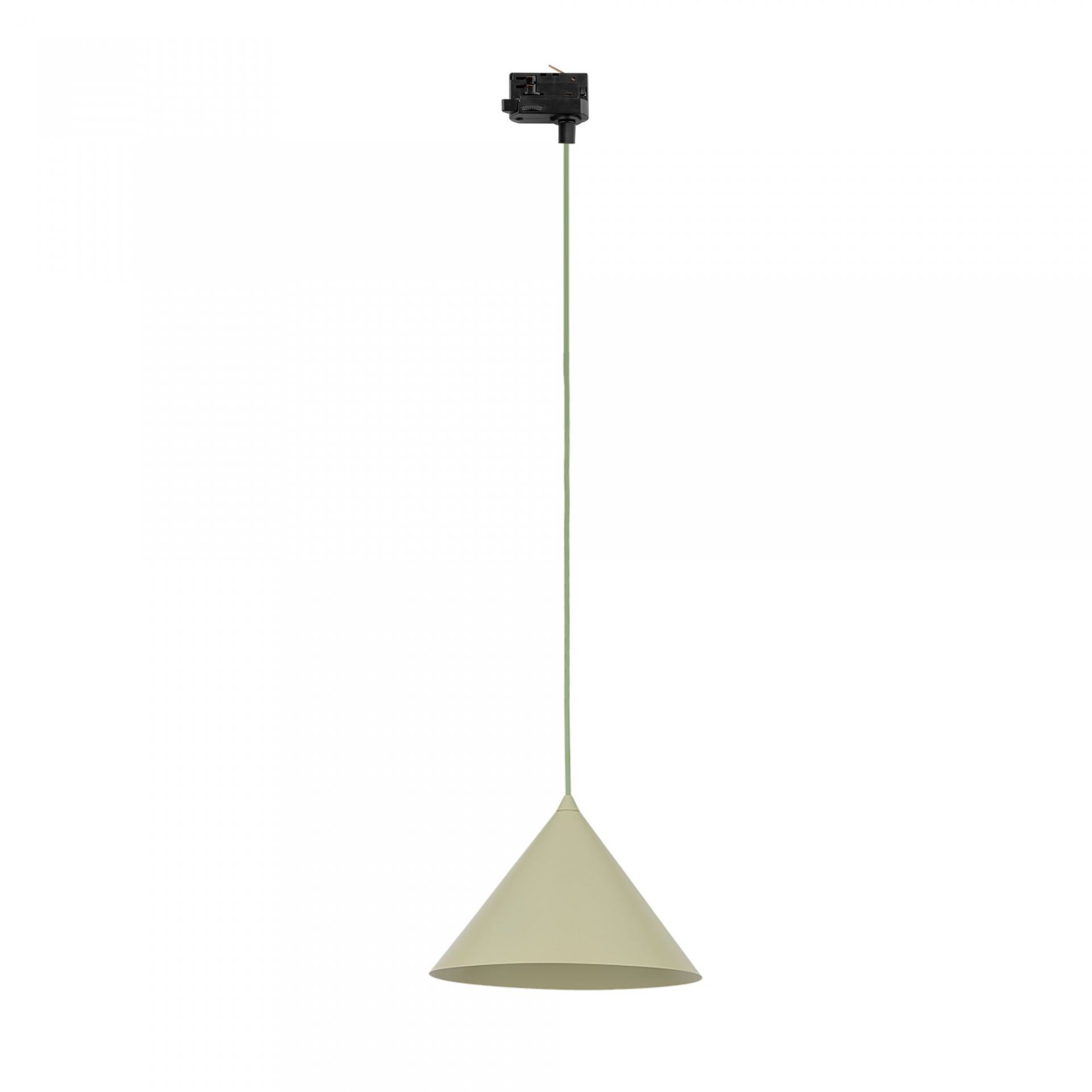 Lampa wisząca z kloszem w kształcie stożka, w kolorze czarno-zielonym, zawieszona na cienkim przewodzie. U góry widoczny jest czarny element montażowy.
