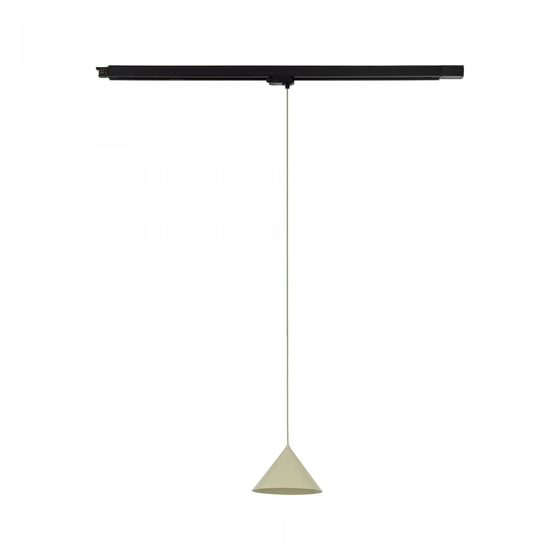 Lampa wisząca z czarną szyną i zielonym kloszem w kształcie stożka, zawieszona na cienkim przewodzie. Klosz jest skierowany w dół, a całość ma minimalistyczny design.