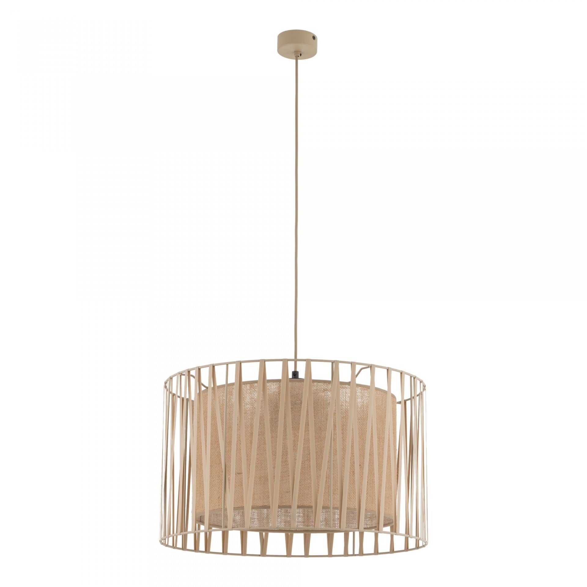 Lampa wisząca z beżowym abażurem i metalowym stelażem o geometrycznym wzorze. Posiada regulację wysokości i jest przeznaczona na trzy żarówki E27.