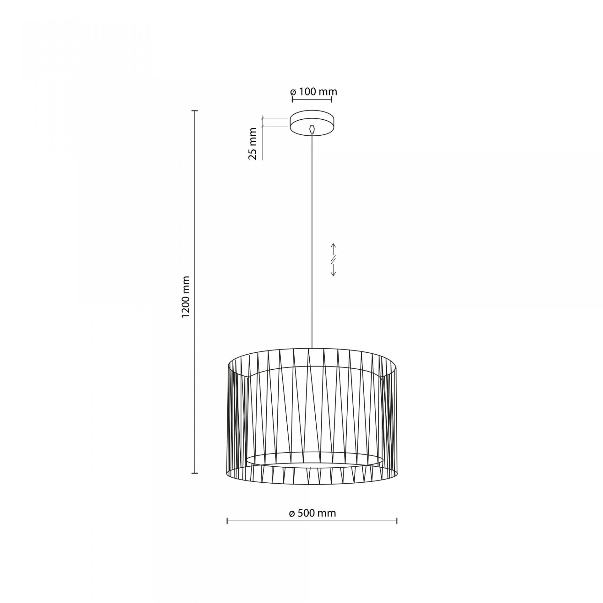 Schemat lampy wiszącej z wymiarami: wysokość 1200 mm, średnica klosza 500 mm, średnica mocowania sufitowego 100 mm, wysokość mocowania 25 mm. Lampa ma regulowaną wysokość zawieszenia.