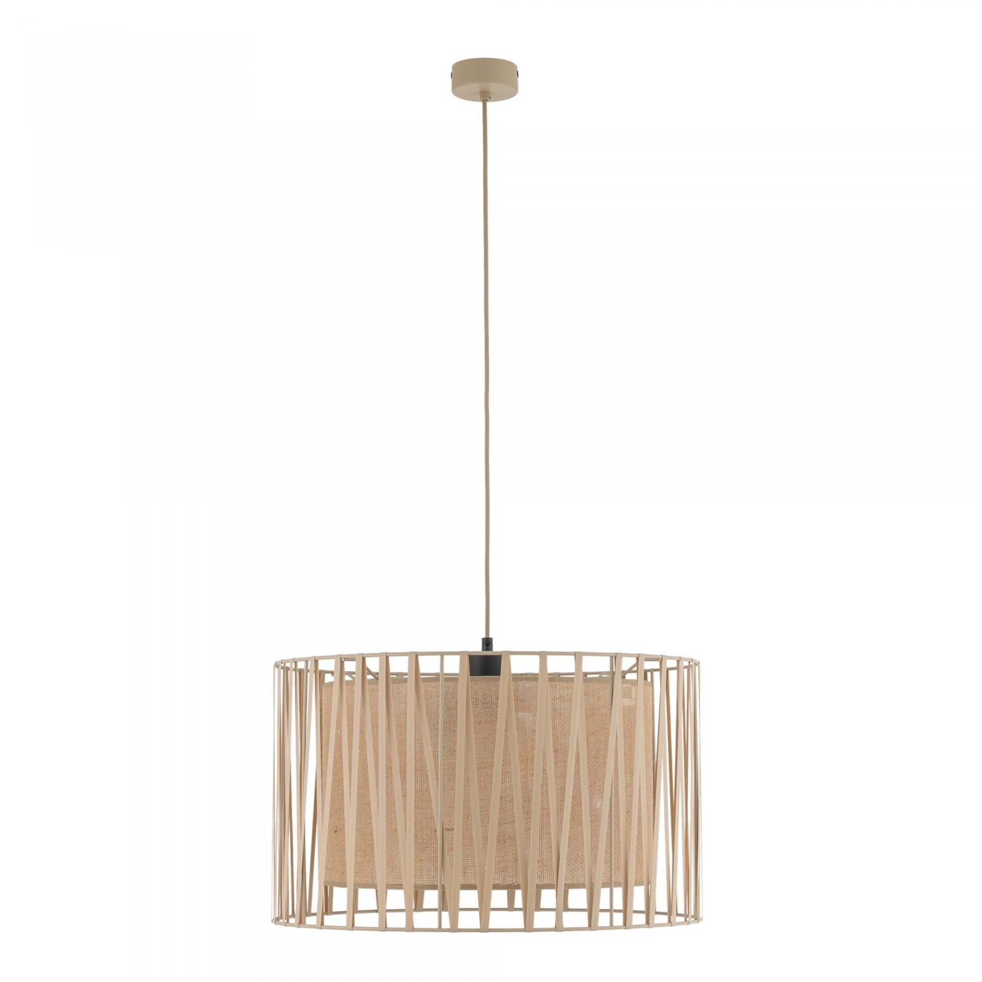 Lampa wisząca z beżowym abażurem w kształcie walca, otoczona dekoracyjną kratką z jasnego materiału. Lampa zawieszona jest na cienkim przewodzie z okrągłą podsufitką.