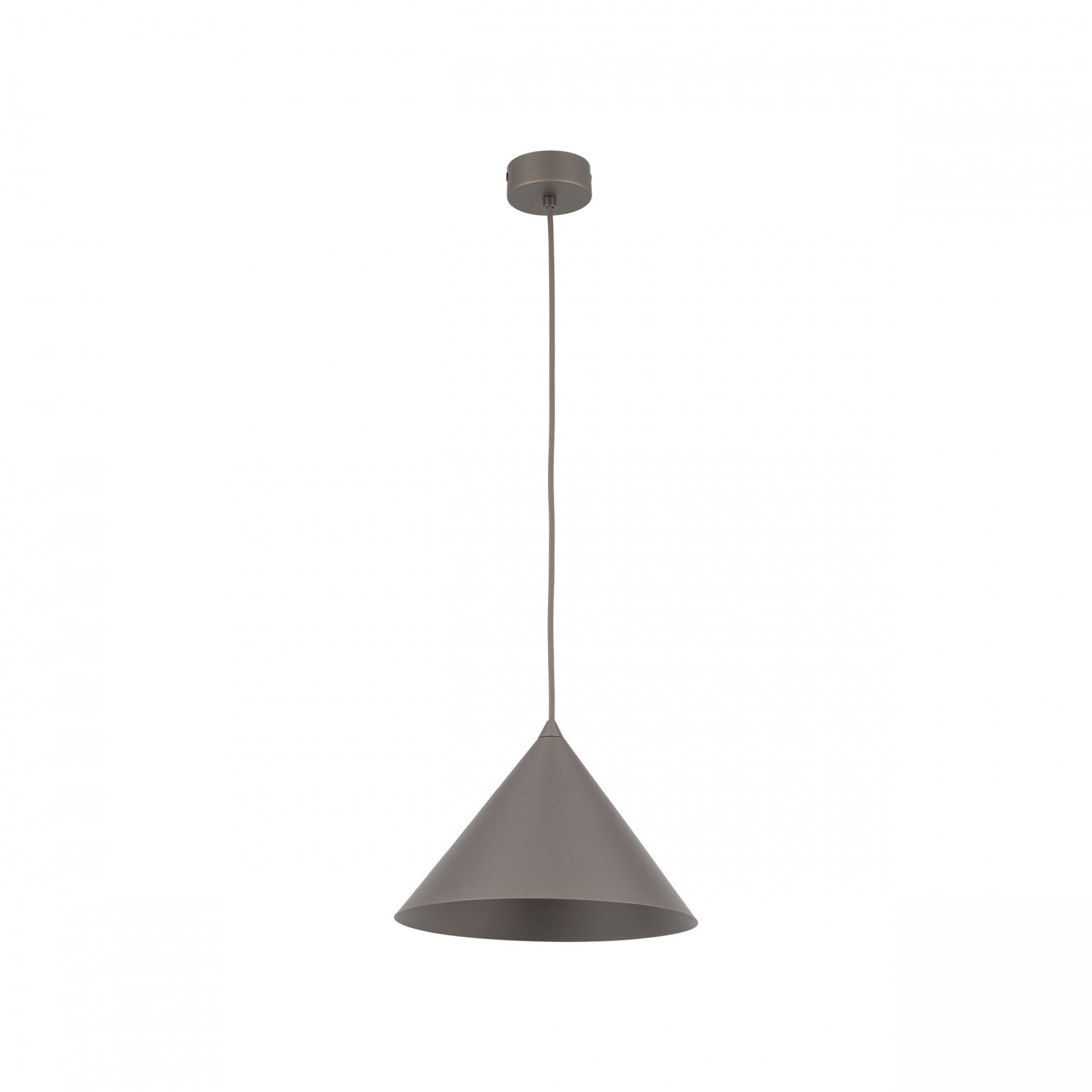 Brązowa lampa wisząca o stożkowym kształcie z regulowanym przewodem. Lampa posiada prosty, nowoczesny design.