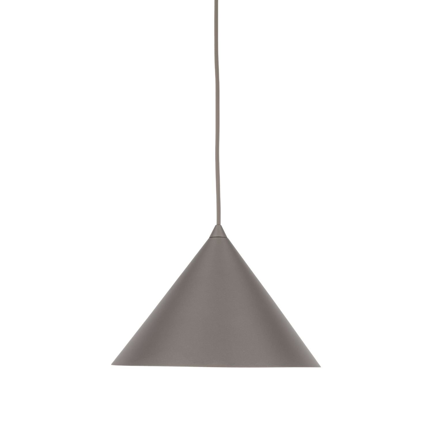 Brązowa lampa wisząca o stożkowym kształcie z długim przewodem. Lampa ma gładką powierzchnię i minimalistyczny design.