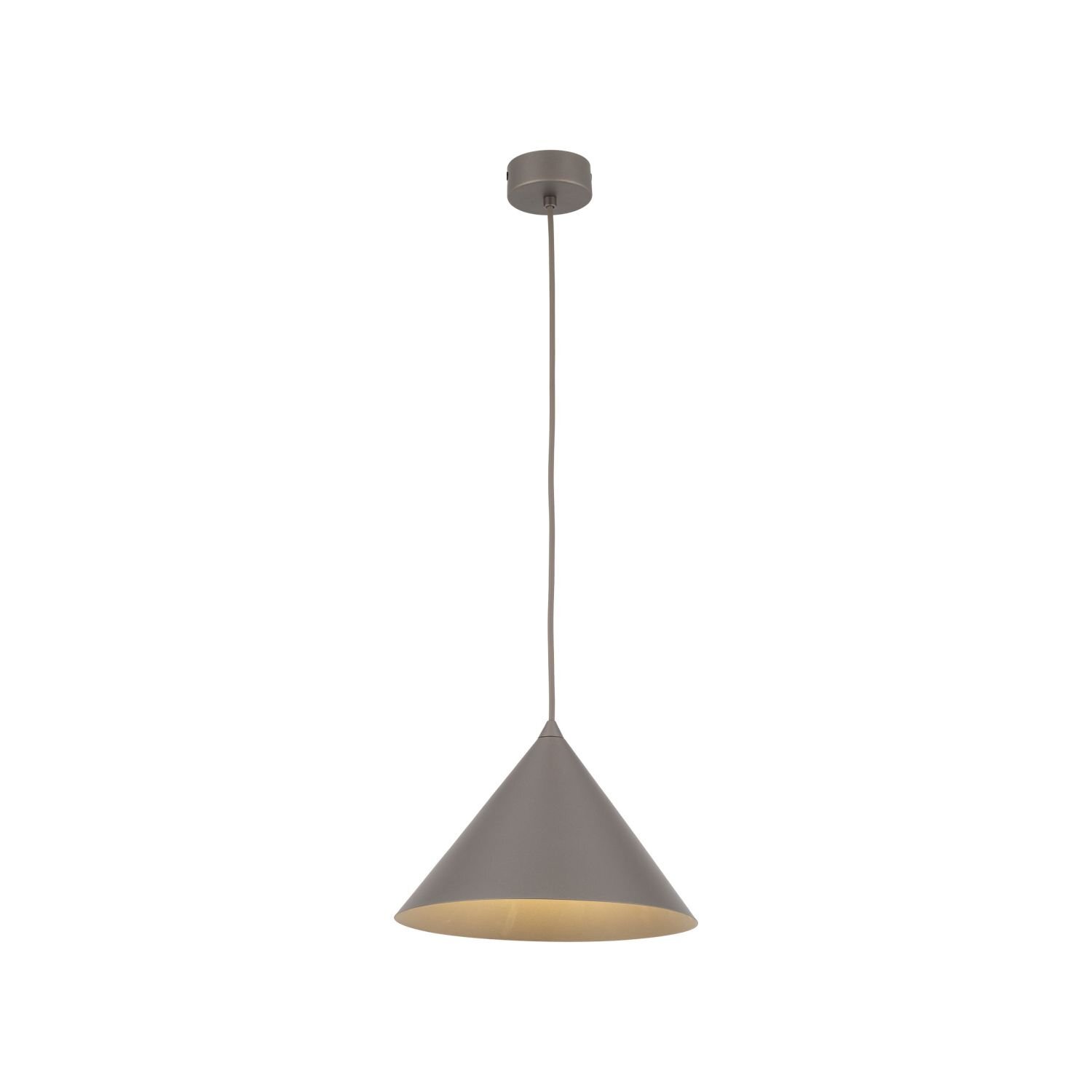Na obrazie widoczna jest brązowa lampa wisząca o stożkowym kształcie, zawieszona na cienkim przewodzie. Lampa ma prosty, nowoczesny design i jest umieszczona na białym tle.