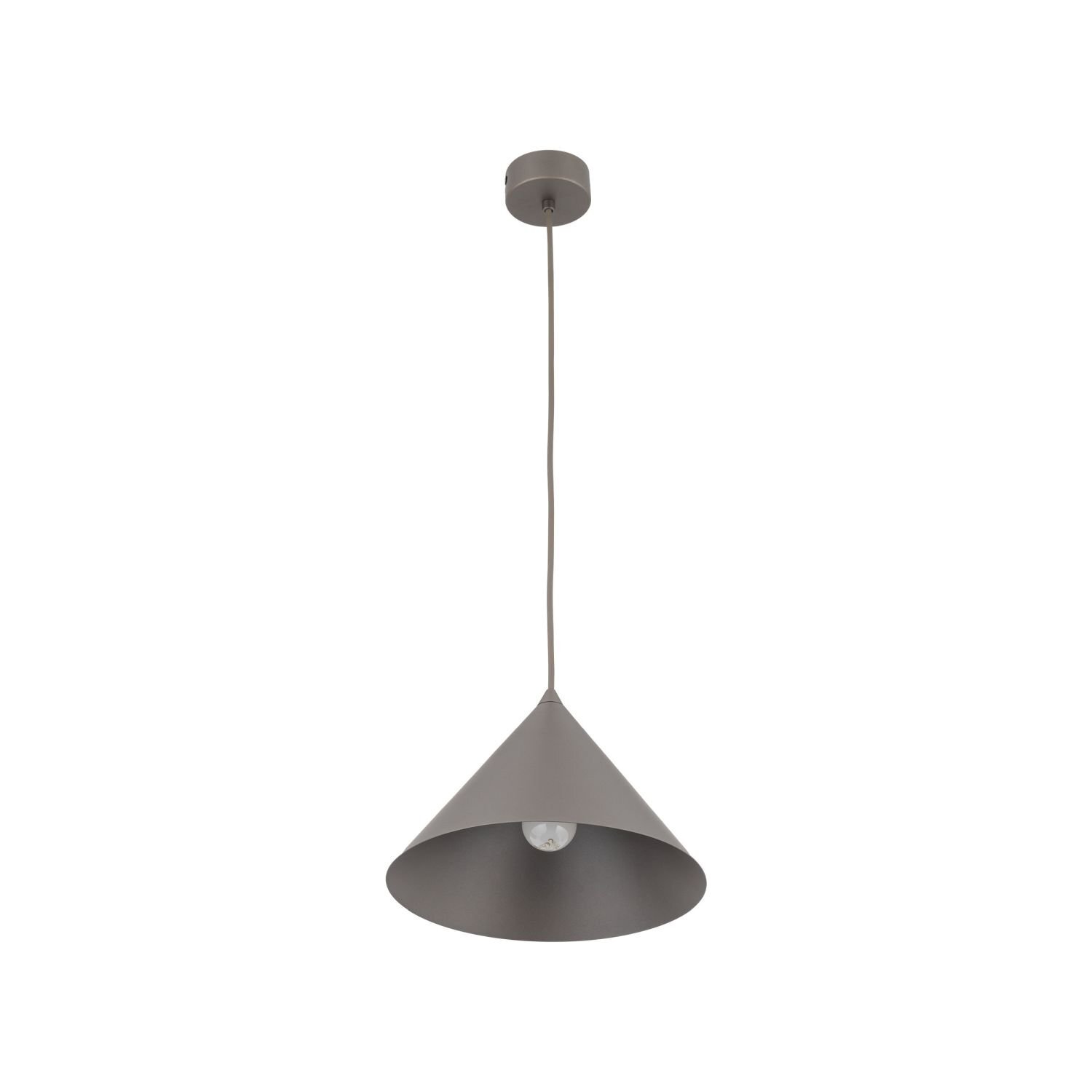 Brązowa lampa wisząca o stożkowym kształcie z widoczną żarówką wewnątrz. Lampa jest zawieszona na cienkim przewodzie z okrągłą podsufitką.