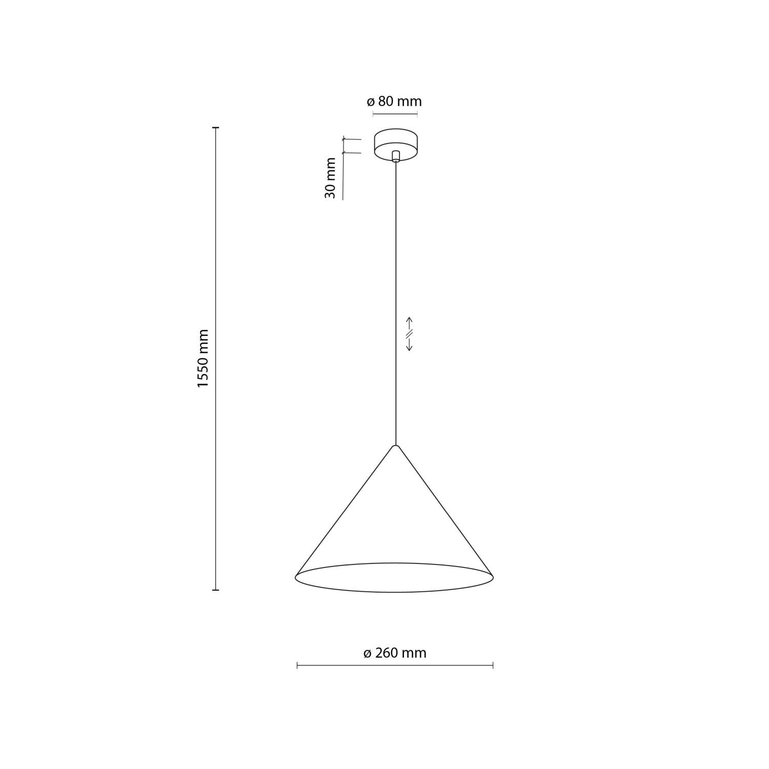 Schematyczny rysunek lampy wiszącej w kształcie stożka z wymiarami: wysokość regulowana do 1550 mm, średnica klosza 260 mm, średnica mocowania sufitowego 80 mm, wysokość mocowania 30 mm.