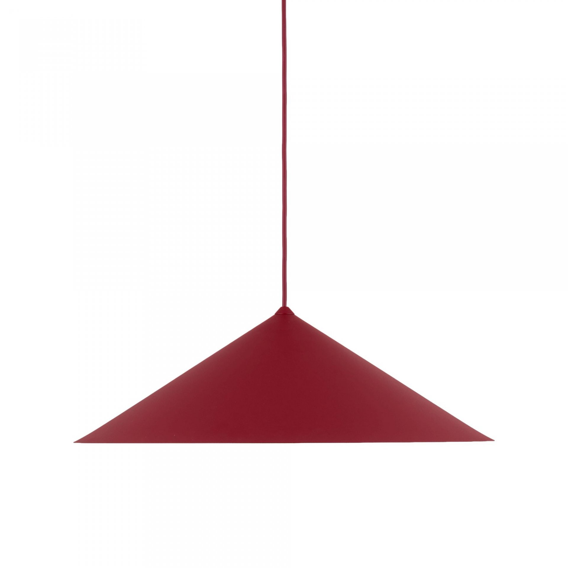 Burgundowa lampa wisząca o stożkowym kształcie z długim przewodem. Lampa ma nowoczesny design i jednolitą kolorystykę.
