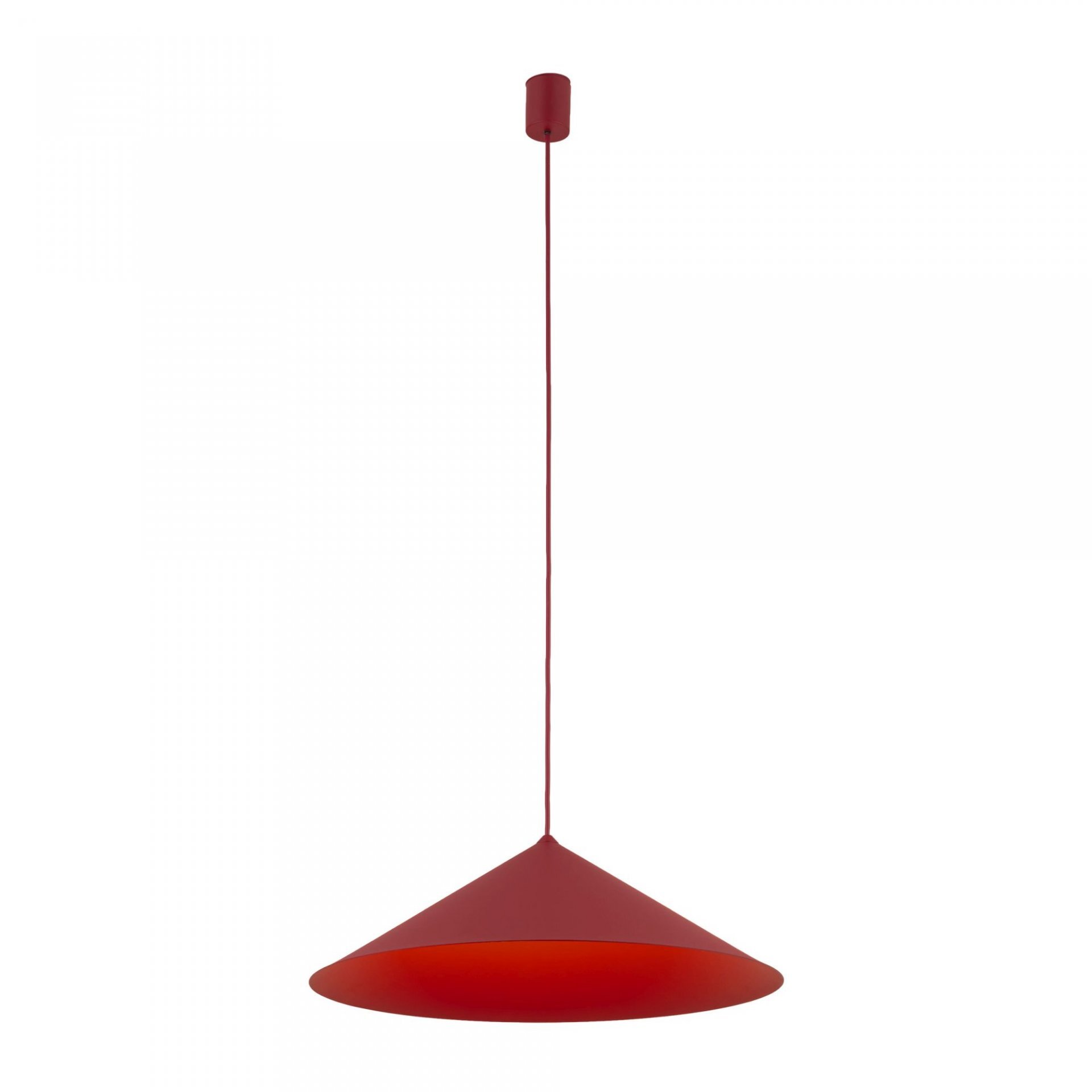 Lampa wisząca w kolorze burgundowym o stożkowym kształcie z długim przewodem. Elementy montażowe są w tym samym kolorze co klosz.