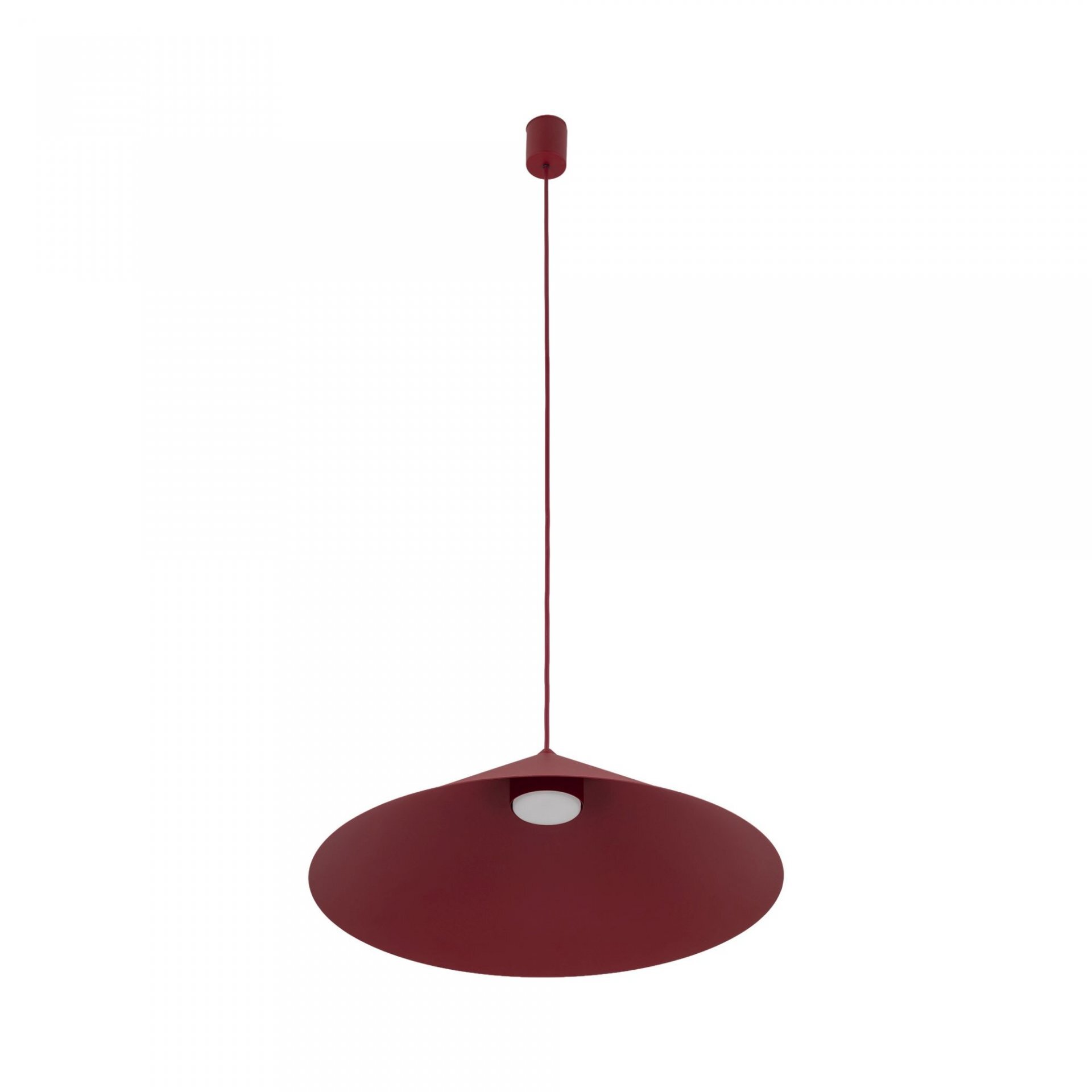 Burgundowa lampa wisząca o nowoczesnym designie z okrągłym kloszem i długim przewodem. Lampa posiada miejsce na żarówkę typu GX53.