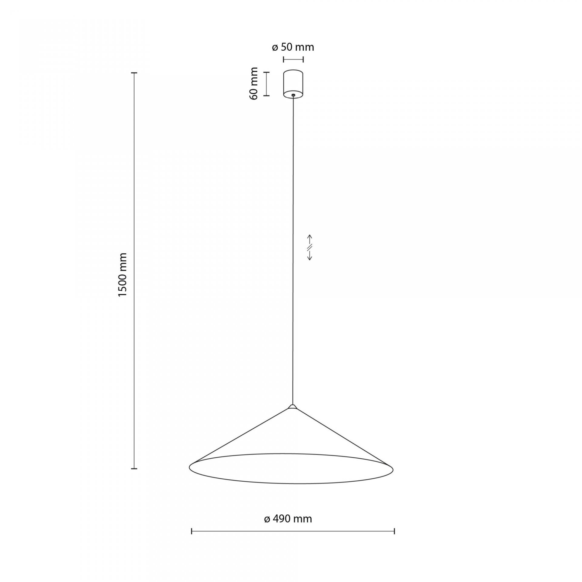 Schemat lampy wiszącej z wymiarami: wysokość regulowana do 1500 mm, średnica klosza 490 mm, średnica mocowania 50 mm, wysokość mocowania 60 mm.