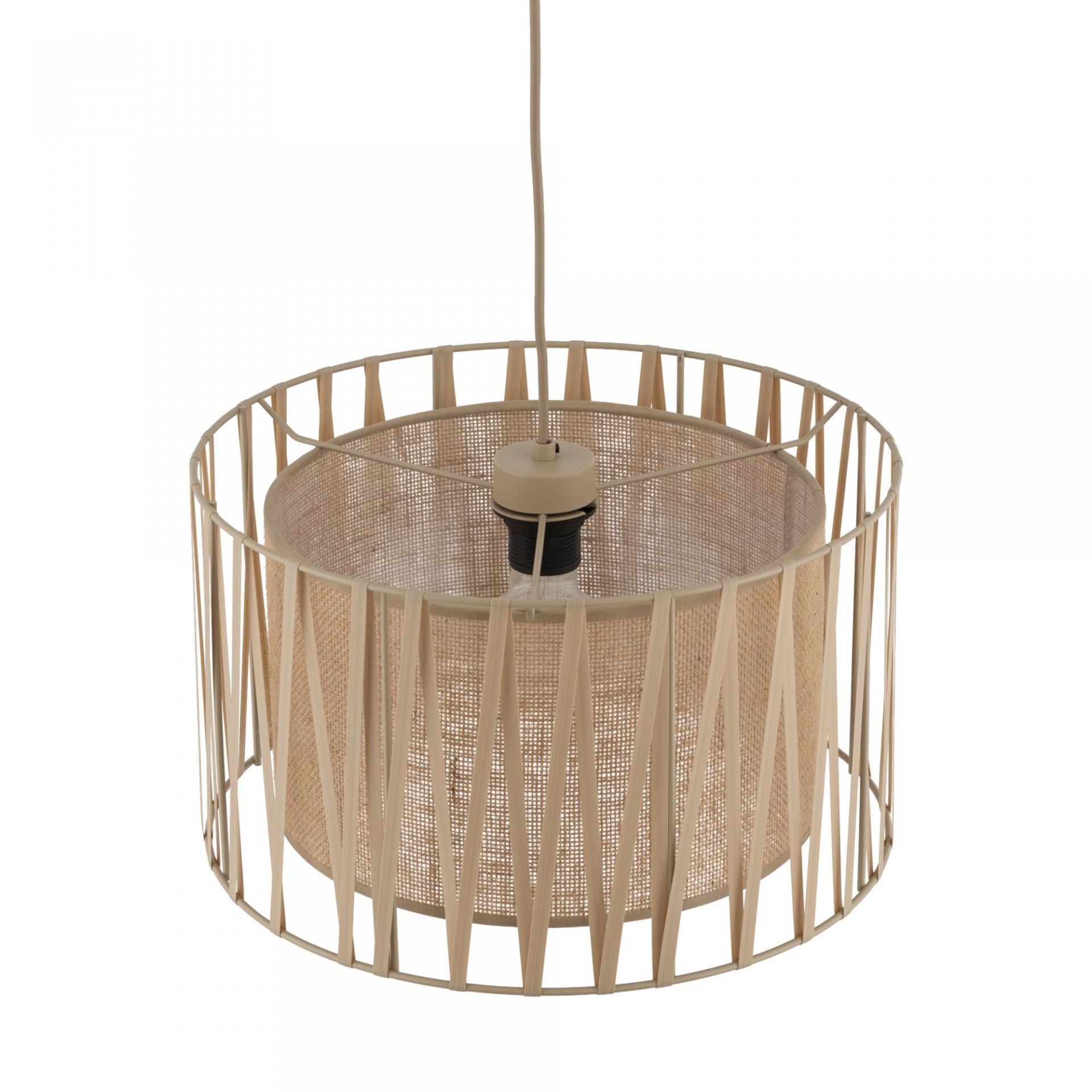 Lampa wisząca z beżowym abażurem wykonanym z juty, o cylindrycznym kształcie i metalowej konstrukcji. Przeznaczona do żarówki E27.
