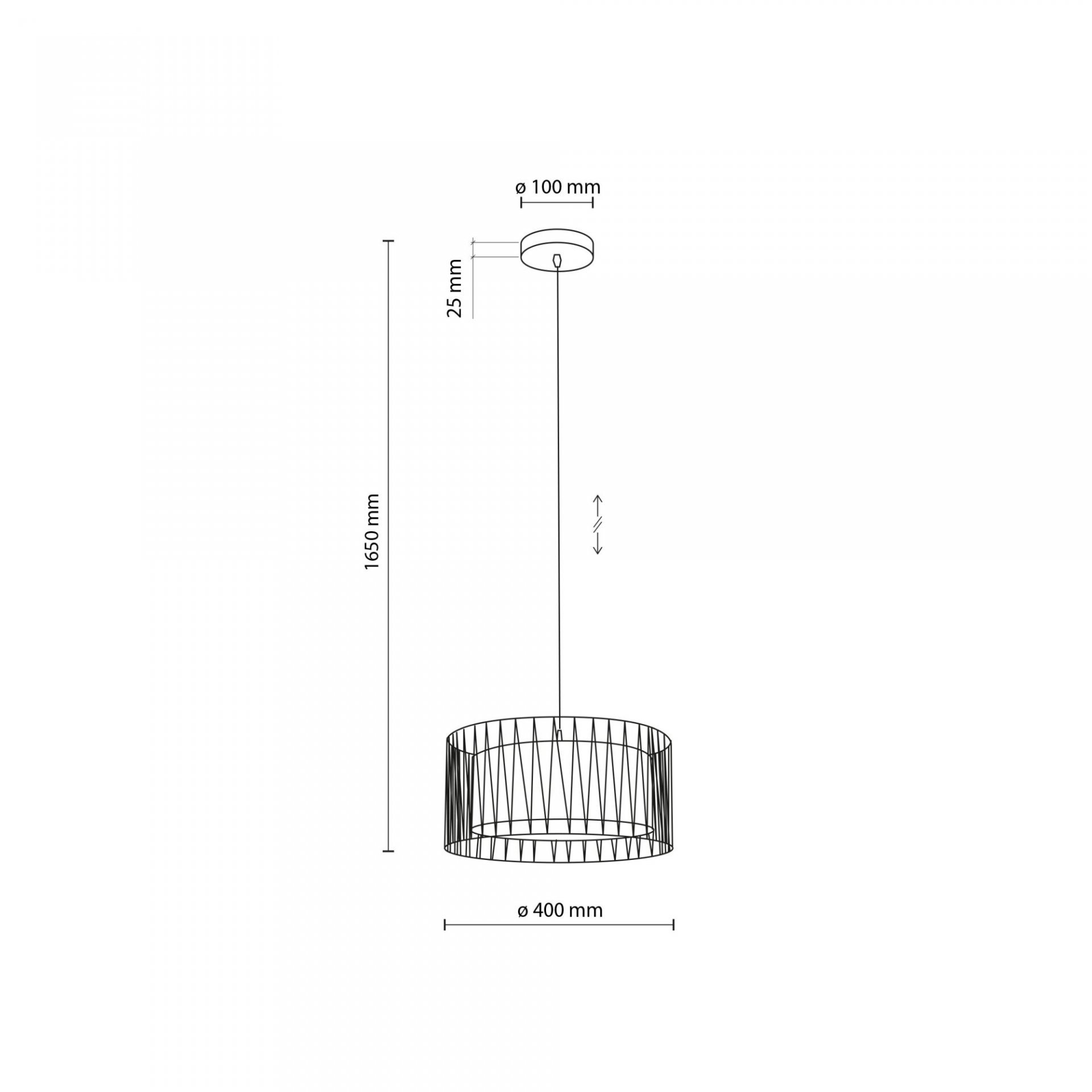 Schemat lampy wiszącej z wymiarami: wysokość całkowita 1650 mm, średnica klosza 400 mm, średnica mocowania sufitowego 100 mm, wysokość mocowania 25 mm.