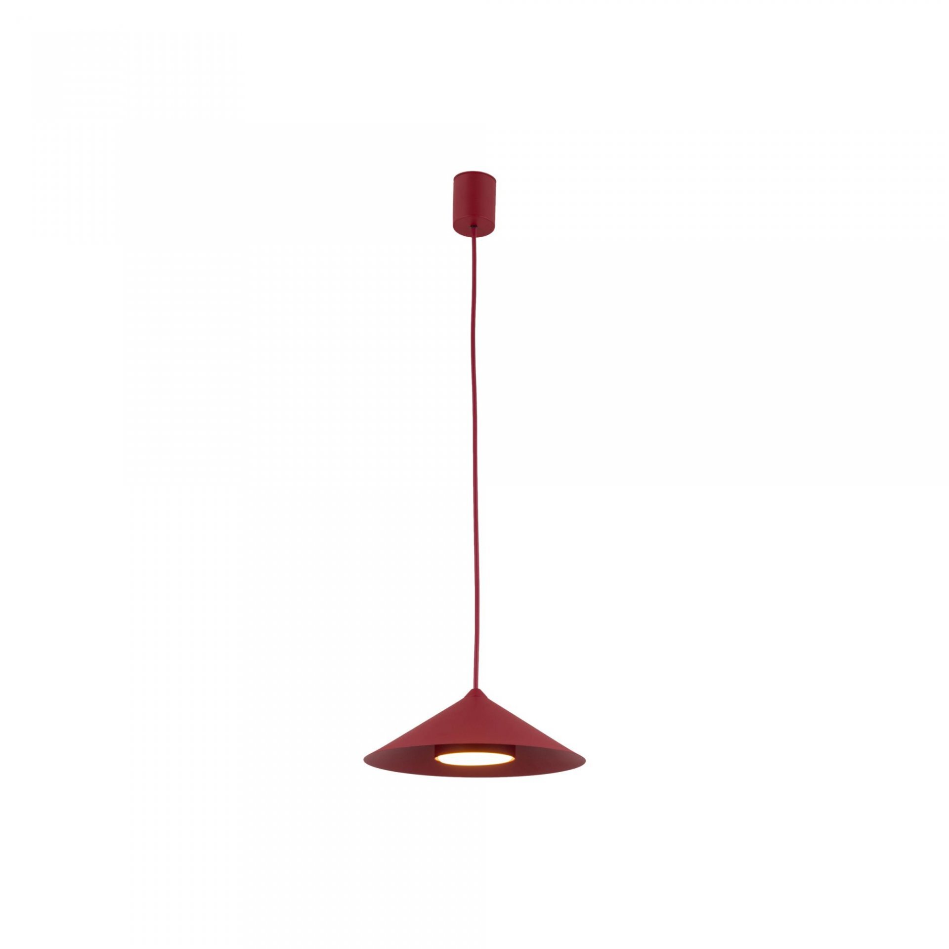 Na obrazie widoczna jest czerwona lampa wisząca o stożkowym kształcie, zawieszona na cienkim przewodzie. Lampa ma otwór na żarówkę w dolnej części klosza.