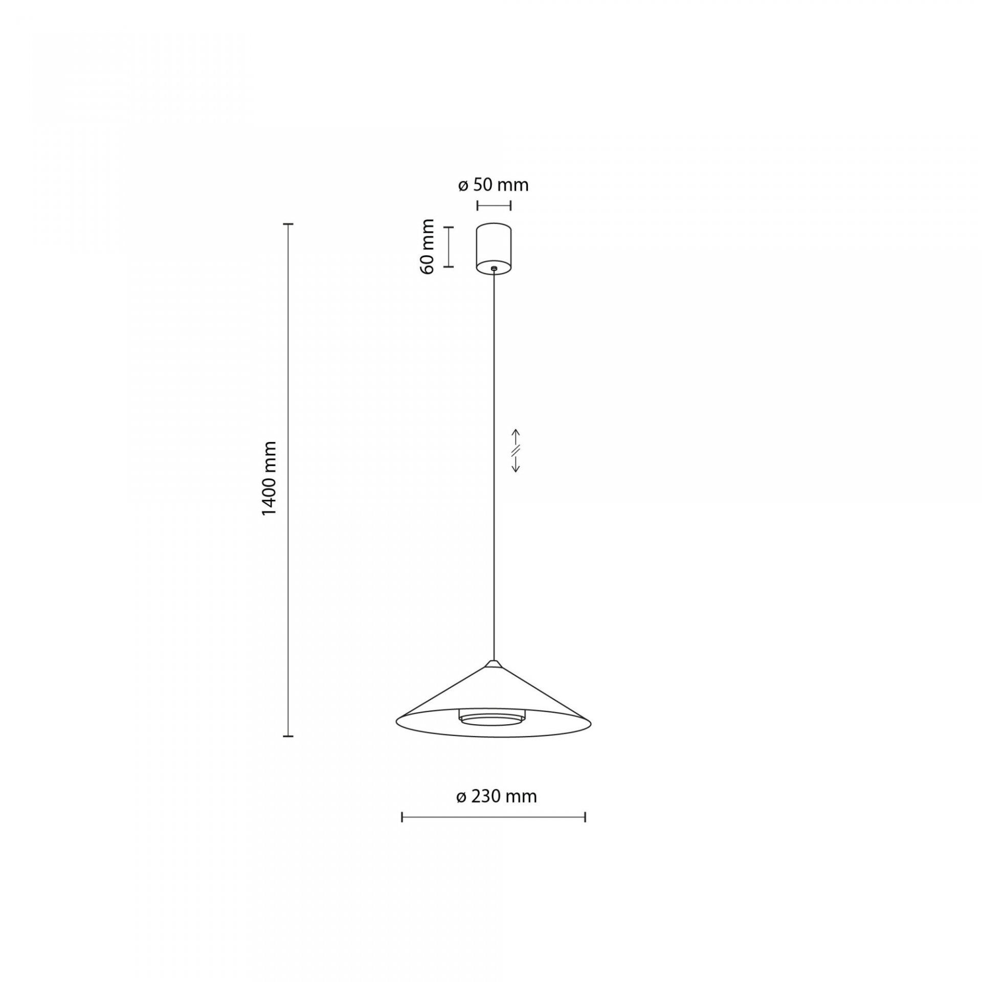 Schematyczny rysunek lampy wiszącej z wymiarami: wysokość 1400 mm, średnica klosza 230 mm, średnica mocowania 50 mm, wysokość mocowania 60 mm. Widoczna jest możliwość regulacji wysokości.