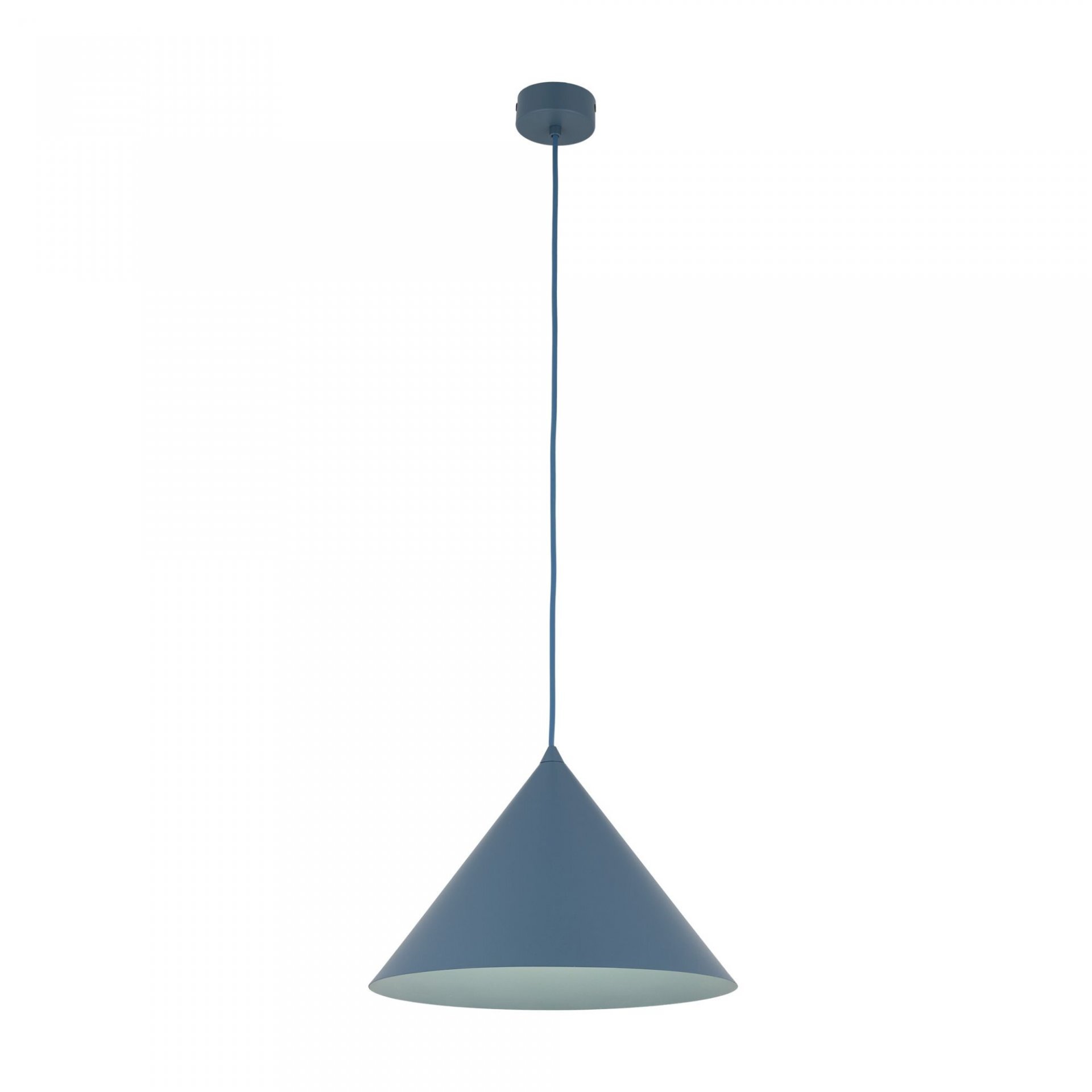Na obrazie widoczna jest lampa wisząca w kształcie stożka, w kolorze granatowym, zawieszona na cienkim przewodzie. Lampa ma prosty, nowoczesny design.
