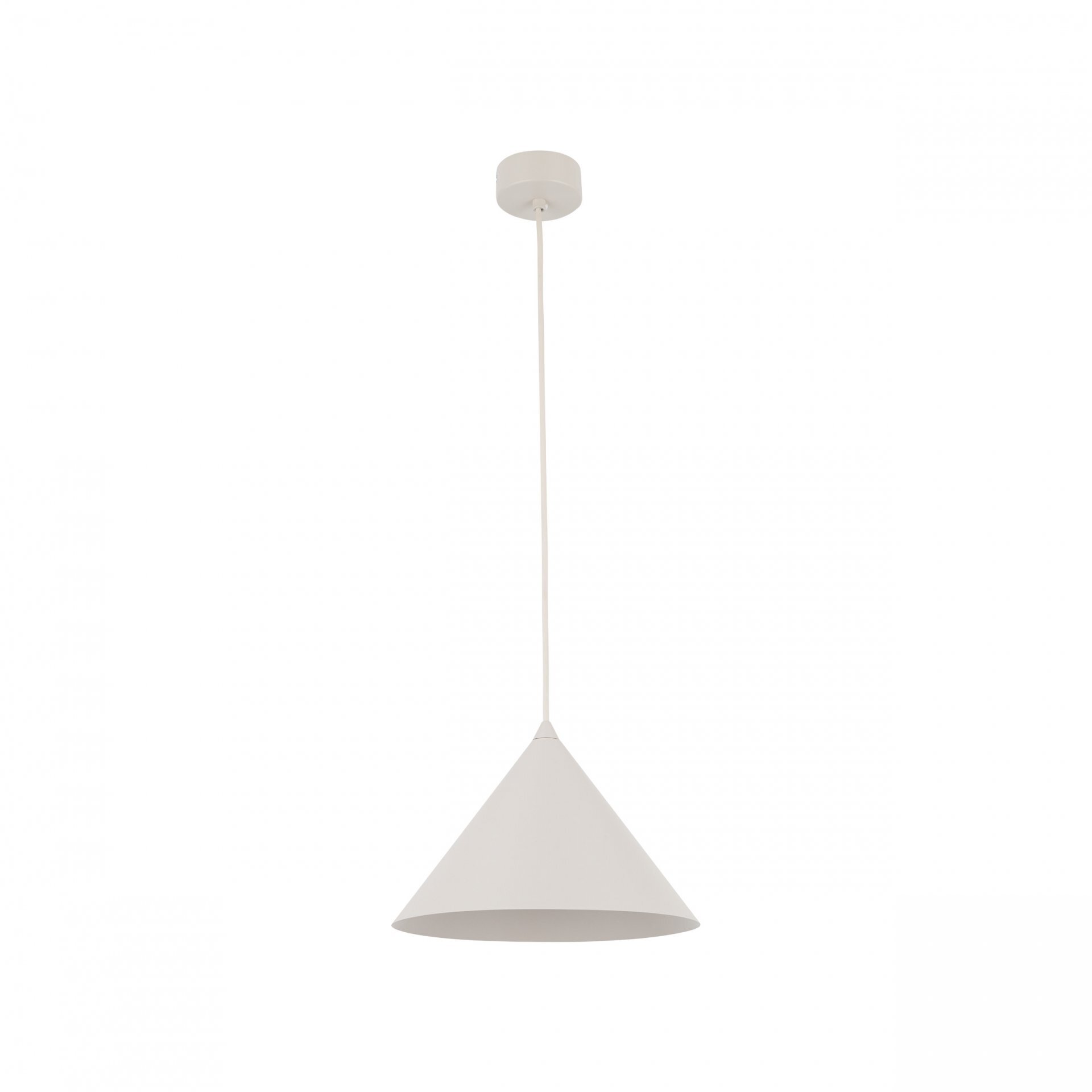 Lampa wisząca o stożkowym kształcie w kolorze jasnym, zawieszona na cienkim przewodzie. Posiada prosty, nowoczesny design.