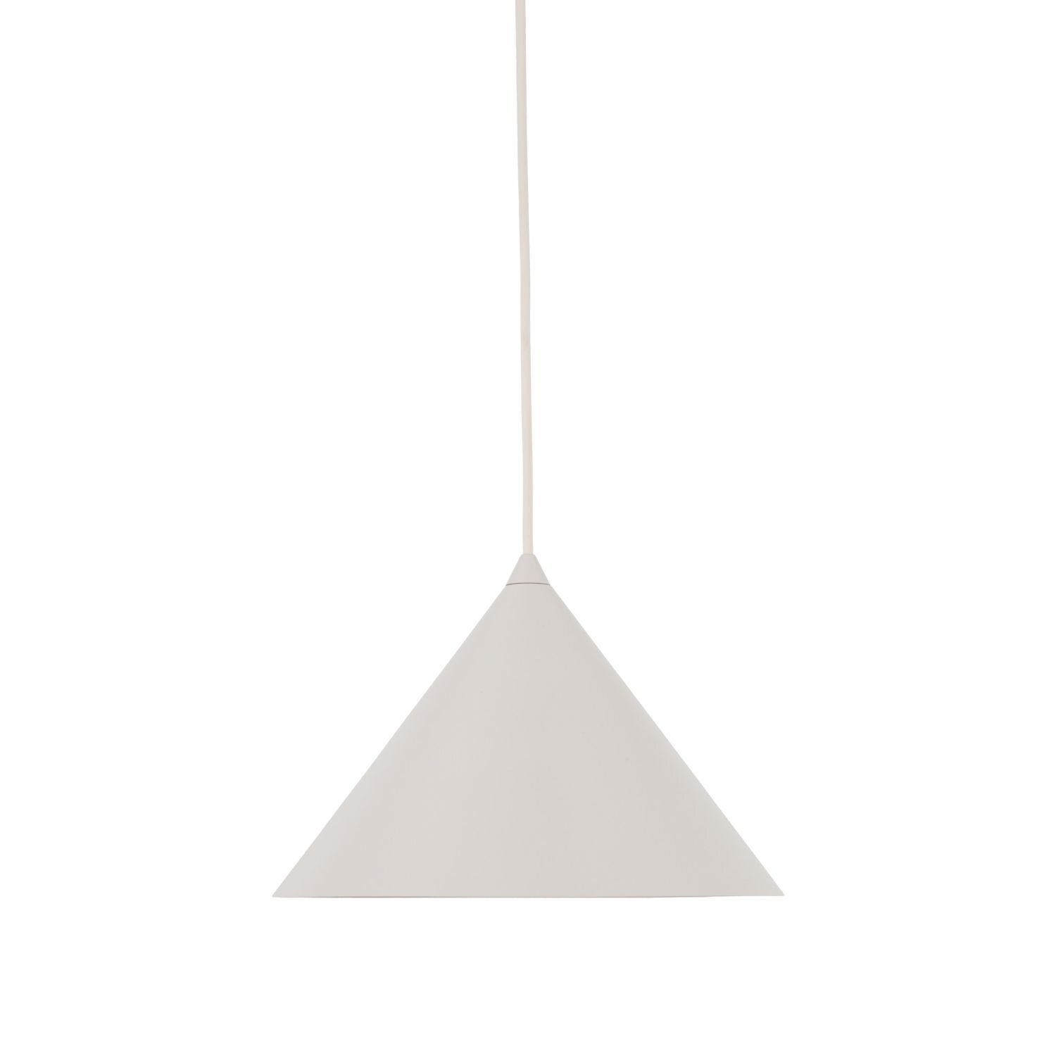 Lampa wisząca w kształcie stożka w kolorze kaszmiru, z białym przewodem. Produkt ma prosty, nowoczesny design.