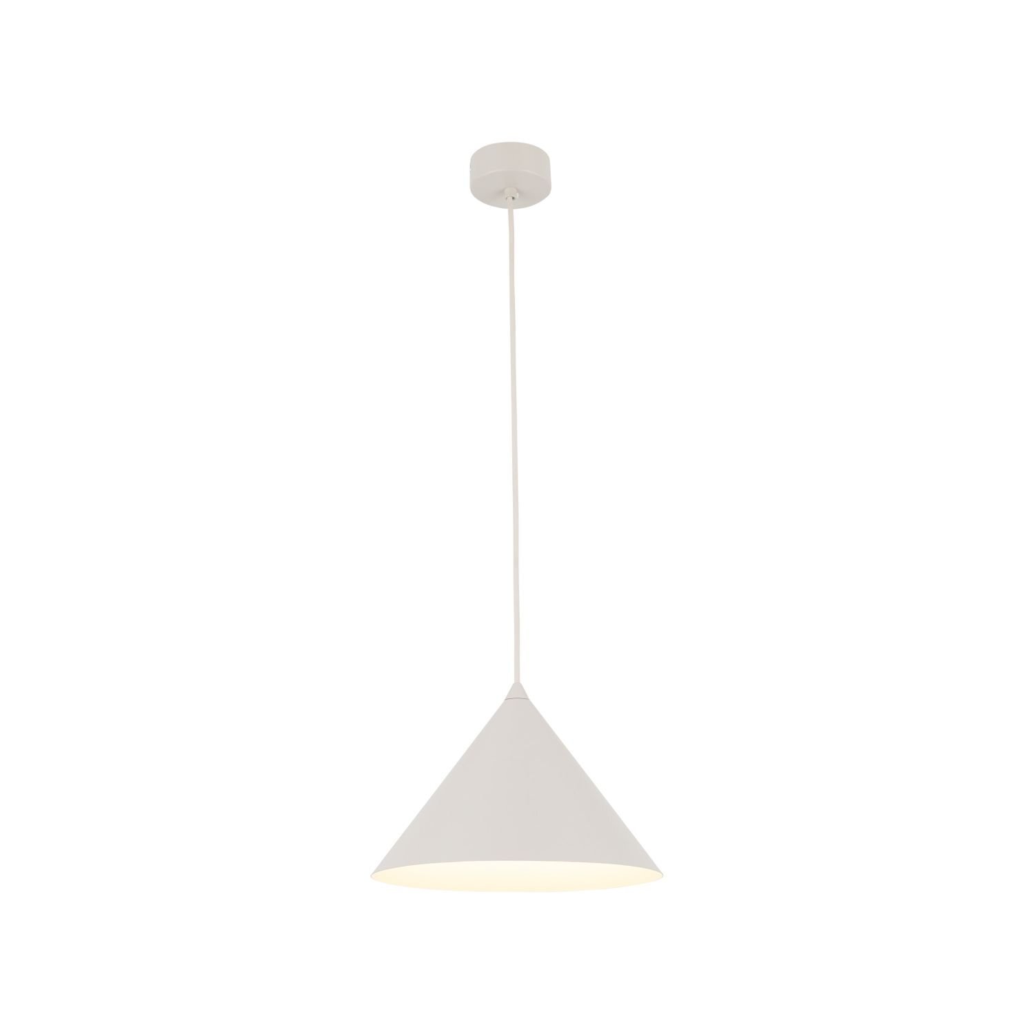 Na obrazie widoczna jest biała, stożkowa lampa wisząca z regulowanym przewodem. Lampa ma prosty, nowoczesny design.