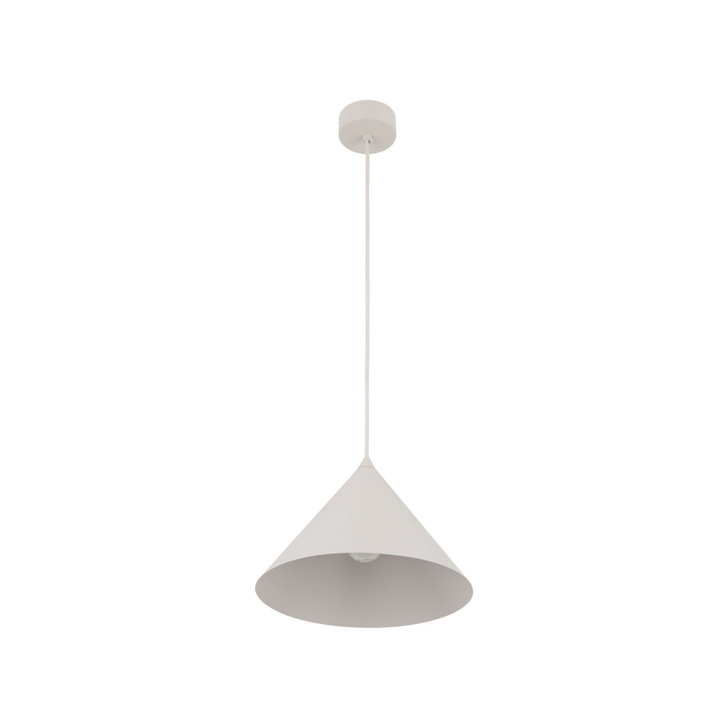 Lampa wisząca w kształcie stożka, w kolorze jasnym, z regulowanym przewodem. Widoczna jest żarówka wewnątrz klosza.