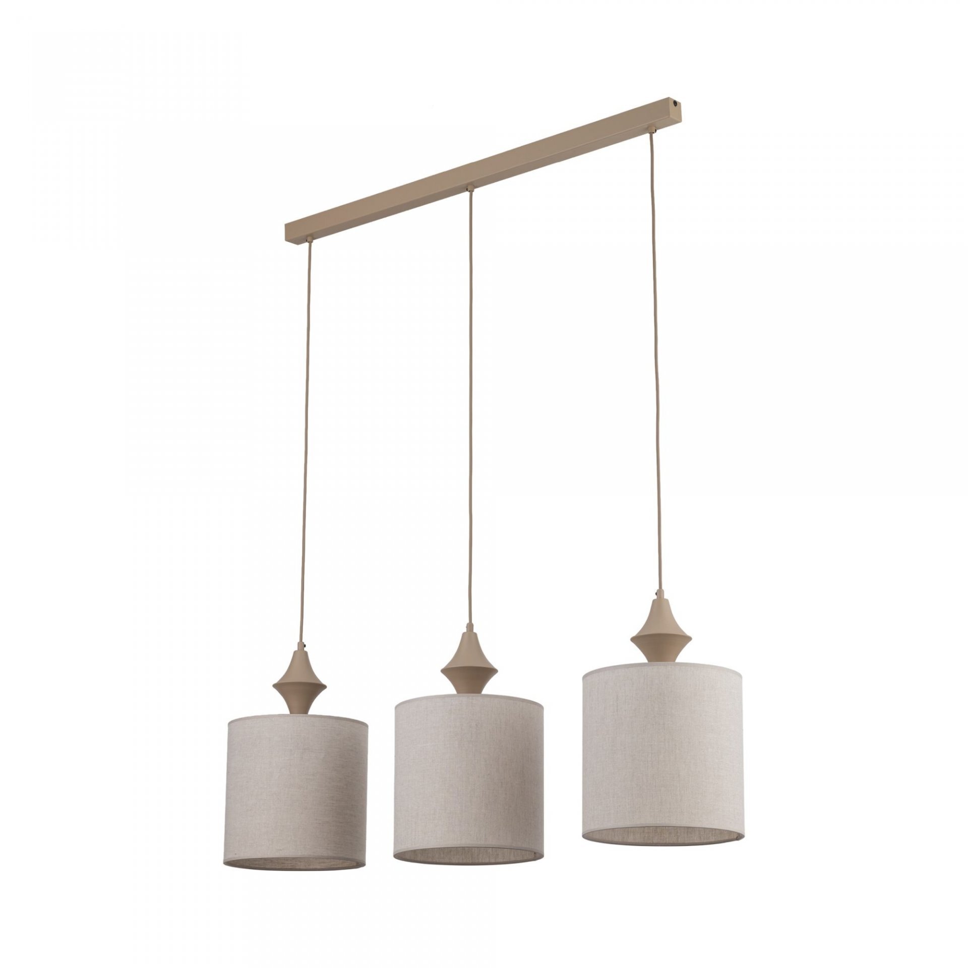 Lampa wisząca z trzema beżowymi kloszami w kształcie walca, zawieszona na prostokątnej listwie. Klosze wykonane są z materiału o fakturze lnu.