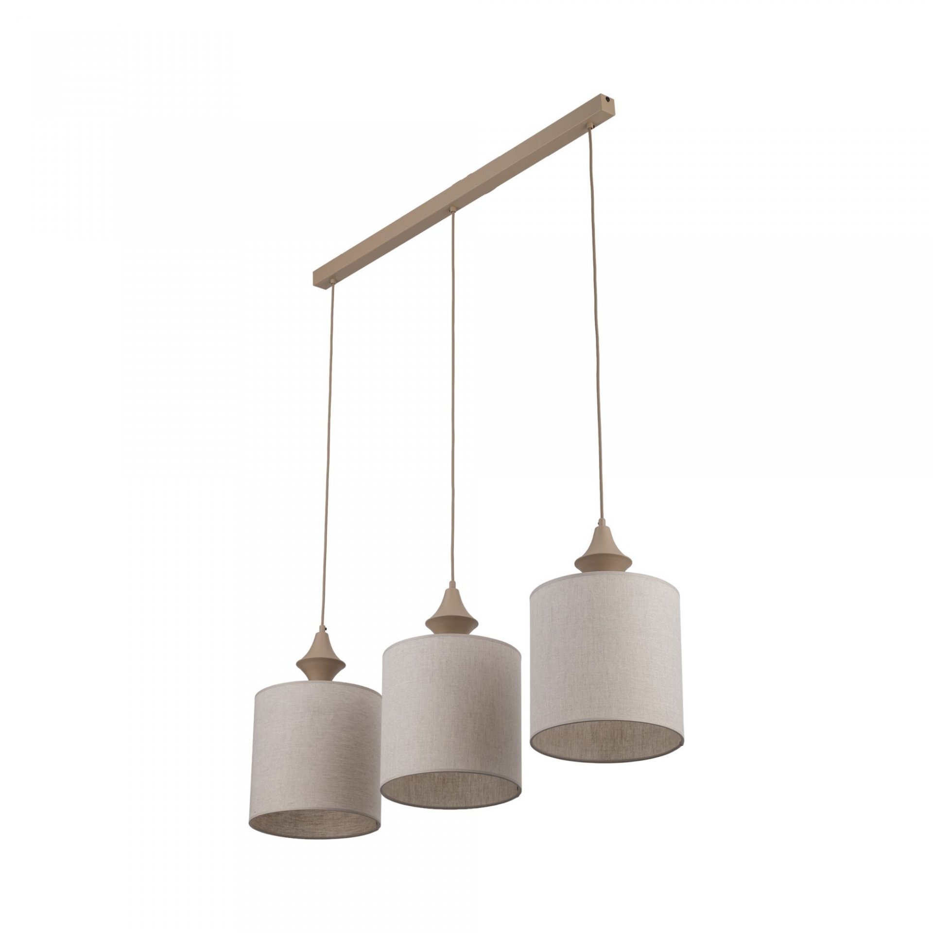 Lampa wisząca z trzema beżowymi kloszami w kształcie walca, zawieszona na prostokątnej listwie. Klosze wykonane są z materiału o fakturze lnu.