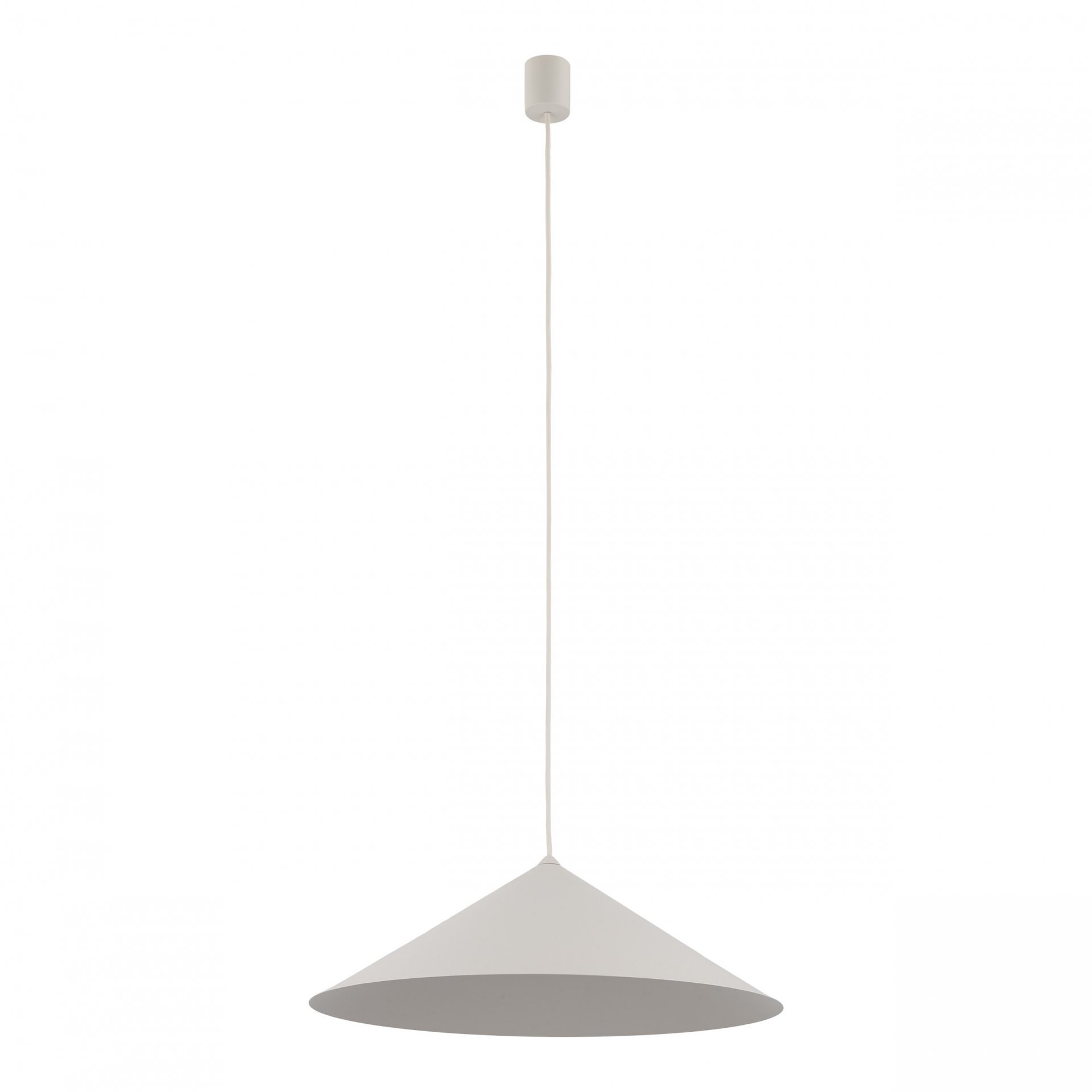 Lampa wisząca o stożkowym kształcie w kolorze kaszmiru, zawieszona na cienkim przewodzie. Posiada prosty, nowoczesny design.