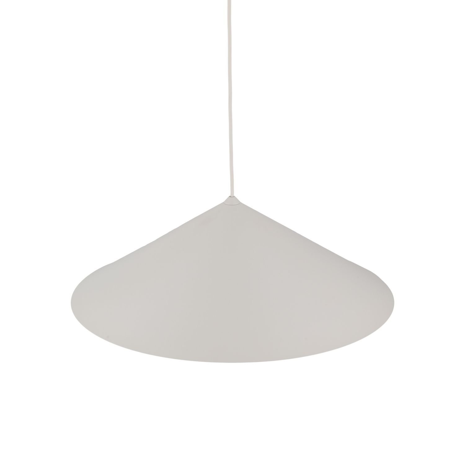 Na obrazie widoczna jest lampa wisząca o stożkowym kloszu w jasnym kolorze, zawieszona na cienkim przewodzie. Klosz ma gładką powierzchnię i jednolitą barwę.