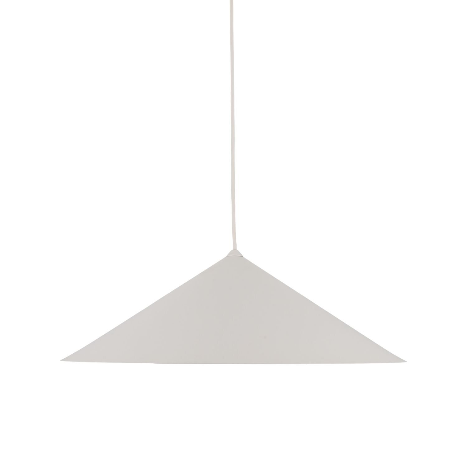 Na obrazie widoczna jest lampa wisząca o stożkowym kloszu w jasnym kolorze, zawieszona na cienkim przewodzie. Lampa ma nowoczesny design i prostą formę.