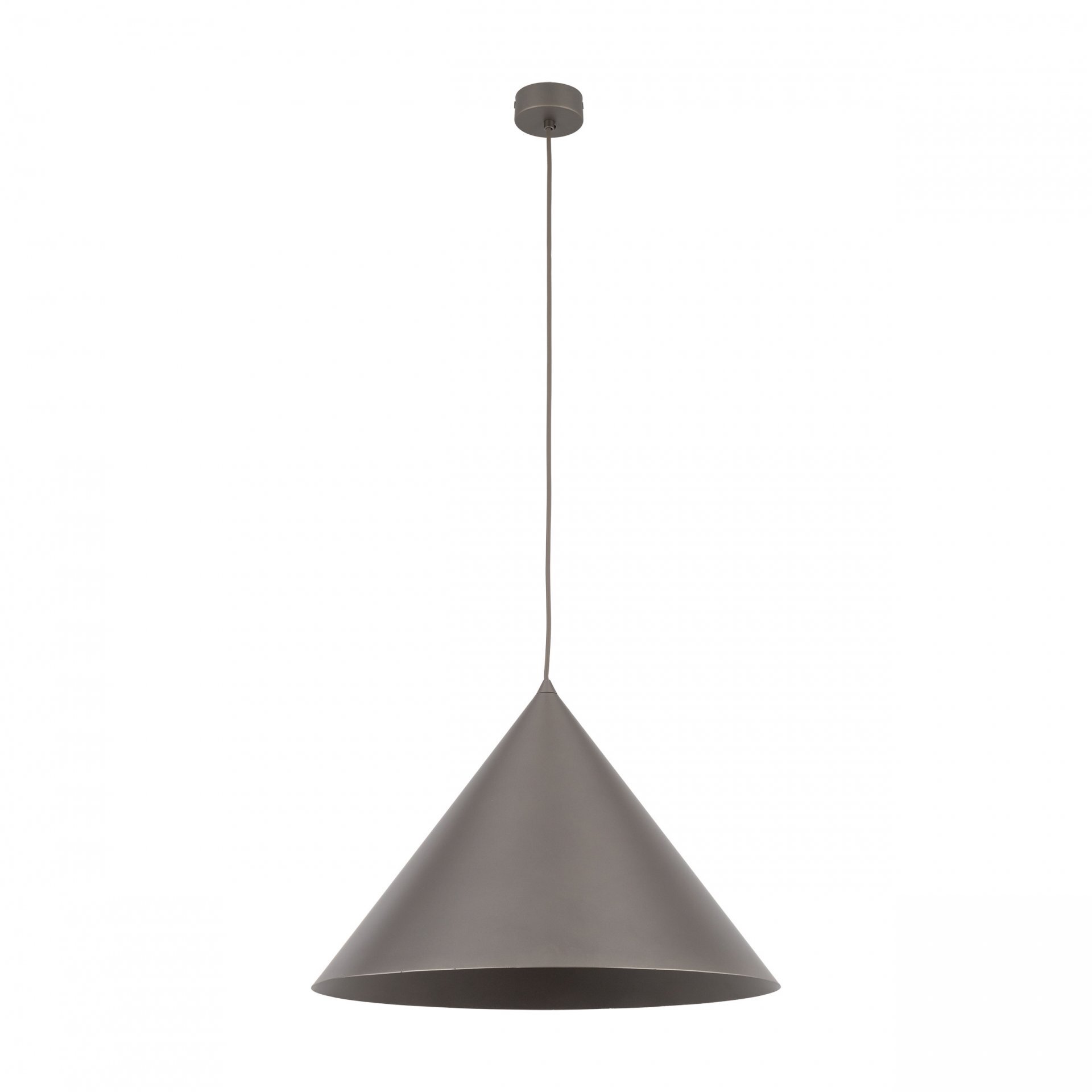 Brązowa lampa wisząca o stożkowym kształcie, wykonana z metalu, zawieszona na cienkim przewodzie. Lampa posiada możliwość regulacji wysokości do 170 cm.