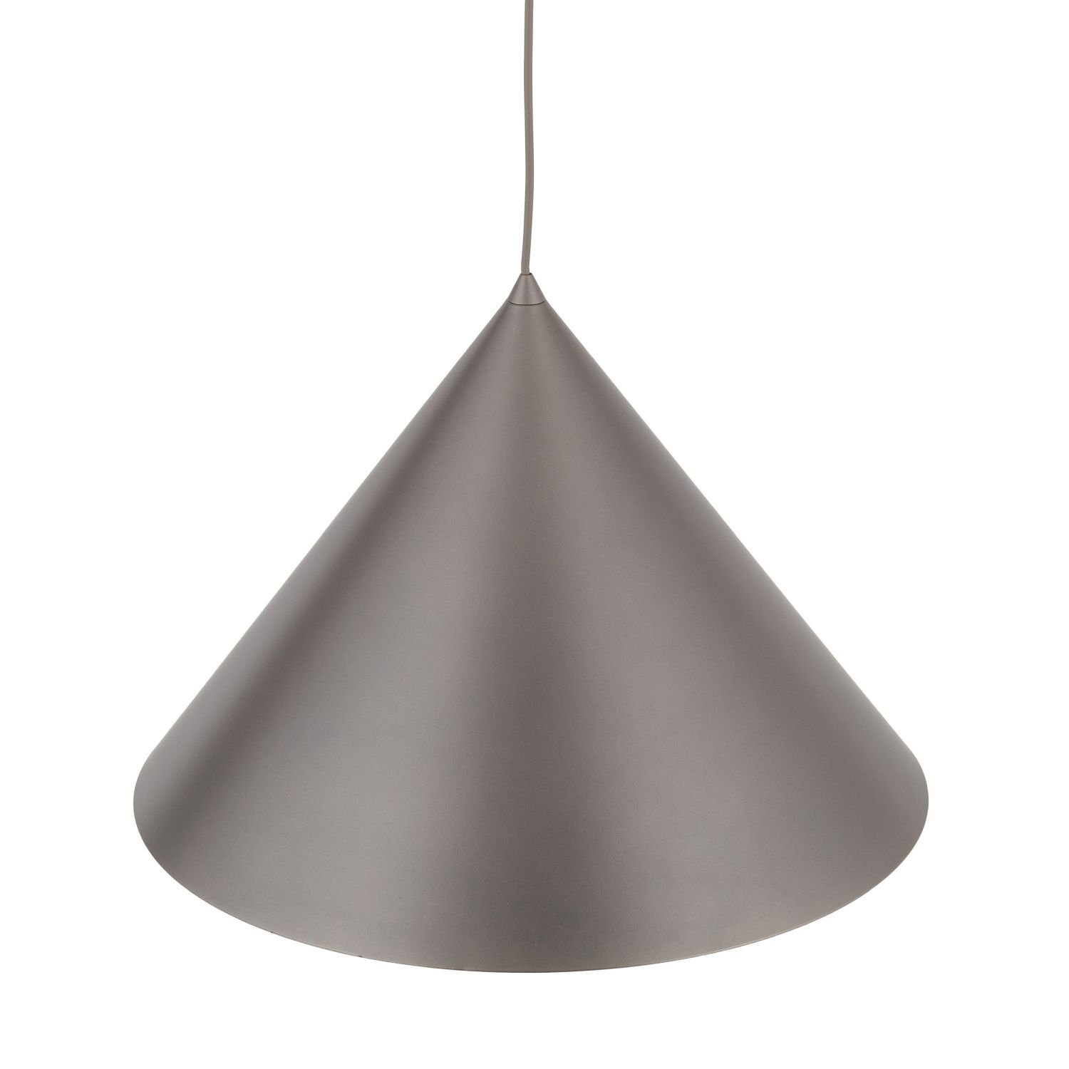 Brązowa lampa wisząca o stożkowym kształcie, wykonana z metalu. Posiada przewód umożliwiający regulację wysokości.