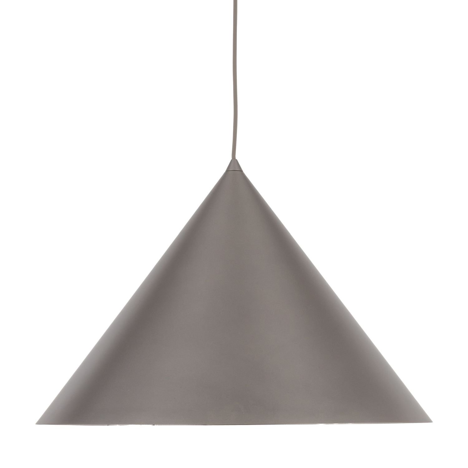 Brązowa lampa wisząca o stożkowym kształcie, wykonana z metalu. Posiada przewód umożliwiający regulację wysokości zawieszenia.