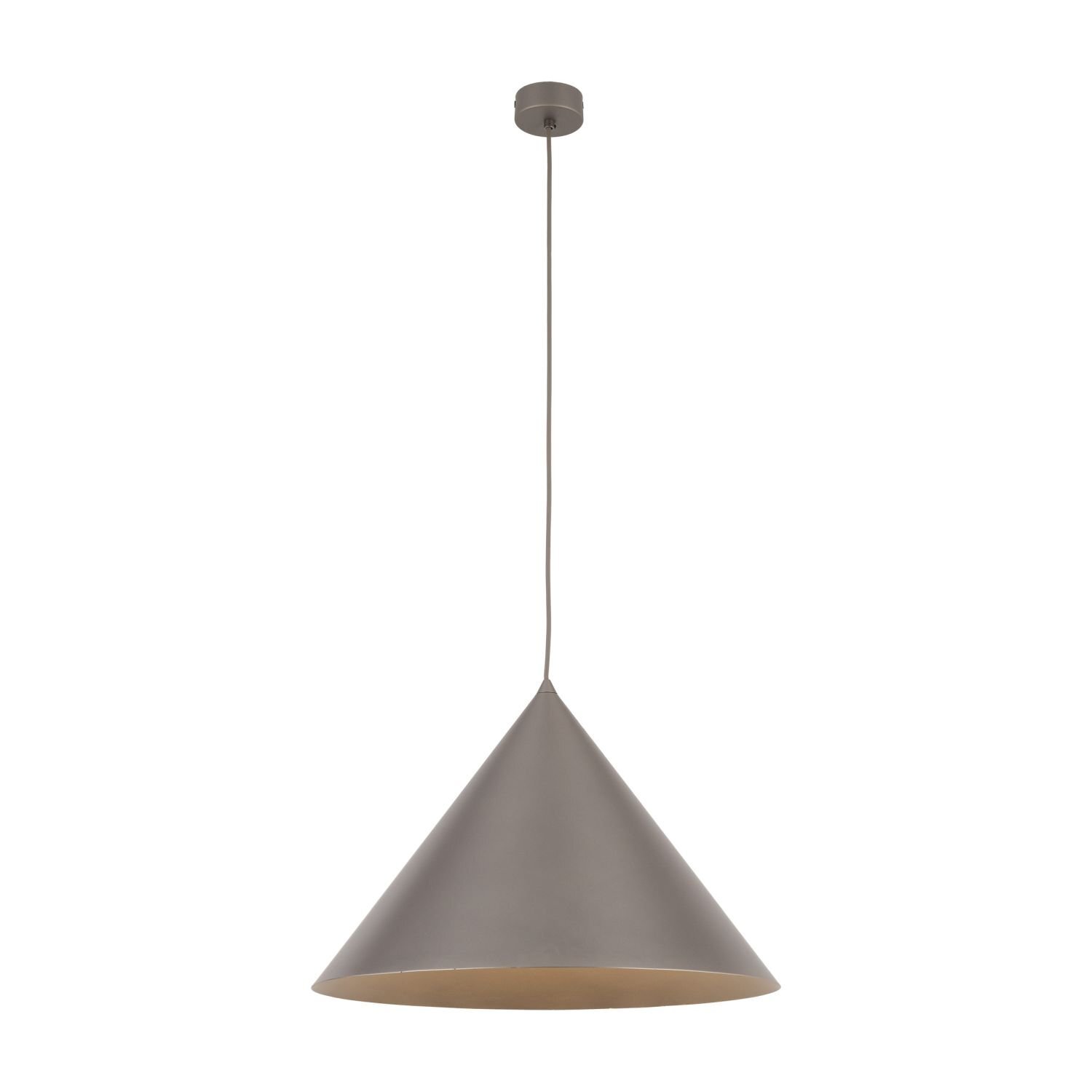 Na obrazie widoczna jest brązowa lampa wisząca o stożkowym kształcie, zawieszona na cienkim przewodzie. Lampa ma gładką powierzchnię i jest zamocowana do sufitu za pomocą okrągłej podstawy.