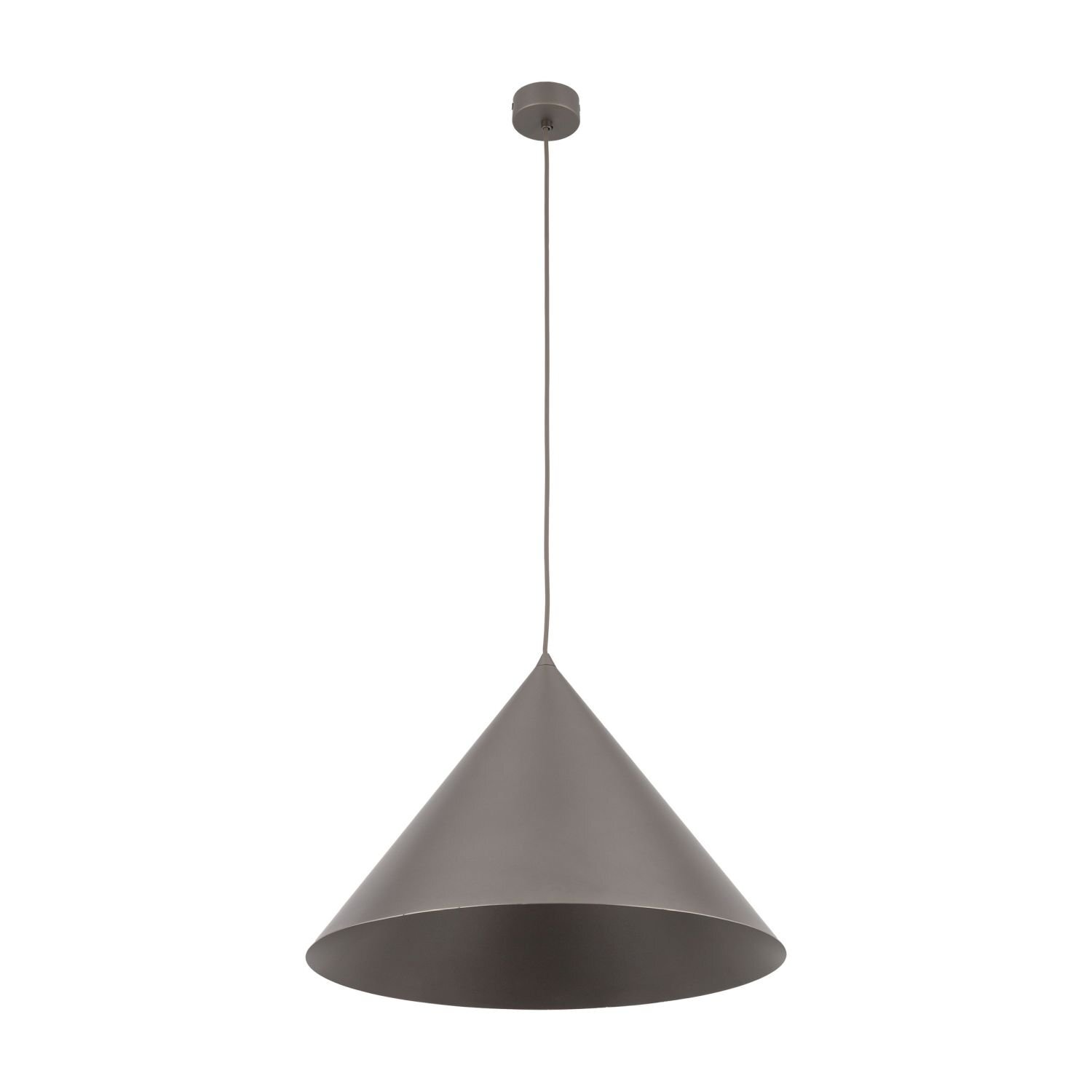 Brązowa lampa wisząca o stożkowym kształcie, zawieszona na cienkim przewodzie. Lampa wykonana jest z metalu i posiada możliwość regulacji wysokości.