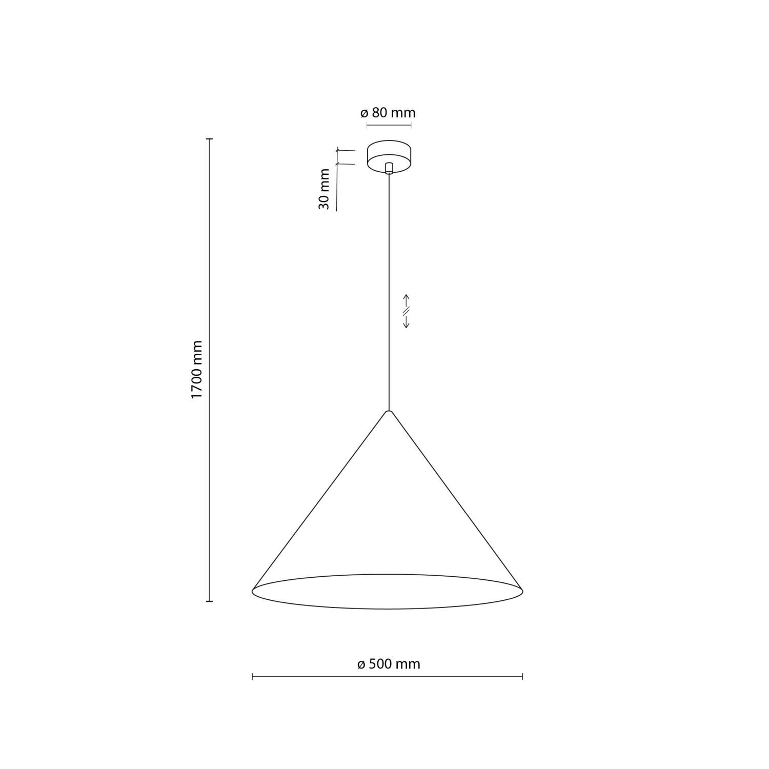Schematyczny rysunek lampy wiszącej w kształcie stożka z wymiarami: wysokość regulowana do 1700 mm, średnica klosza 500 mm, średnica mocowania sufitowego 80 mm, wysokość mocowania 30 mm.