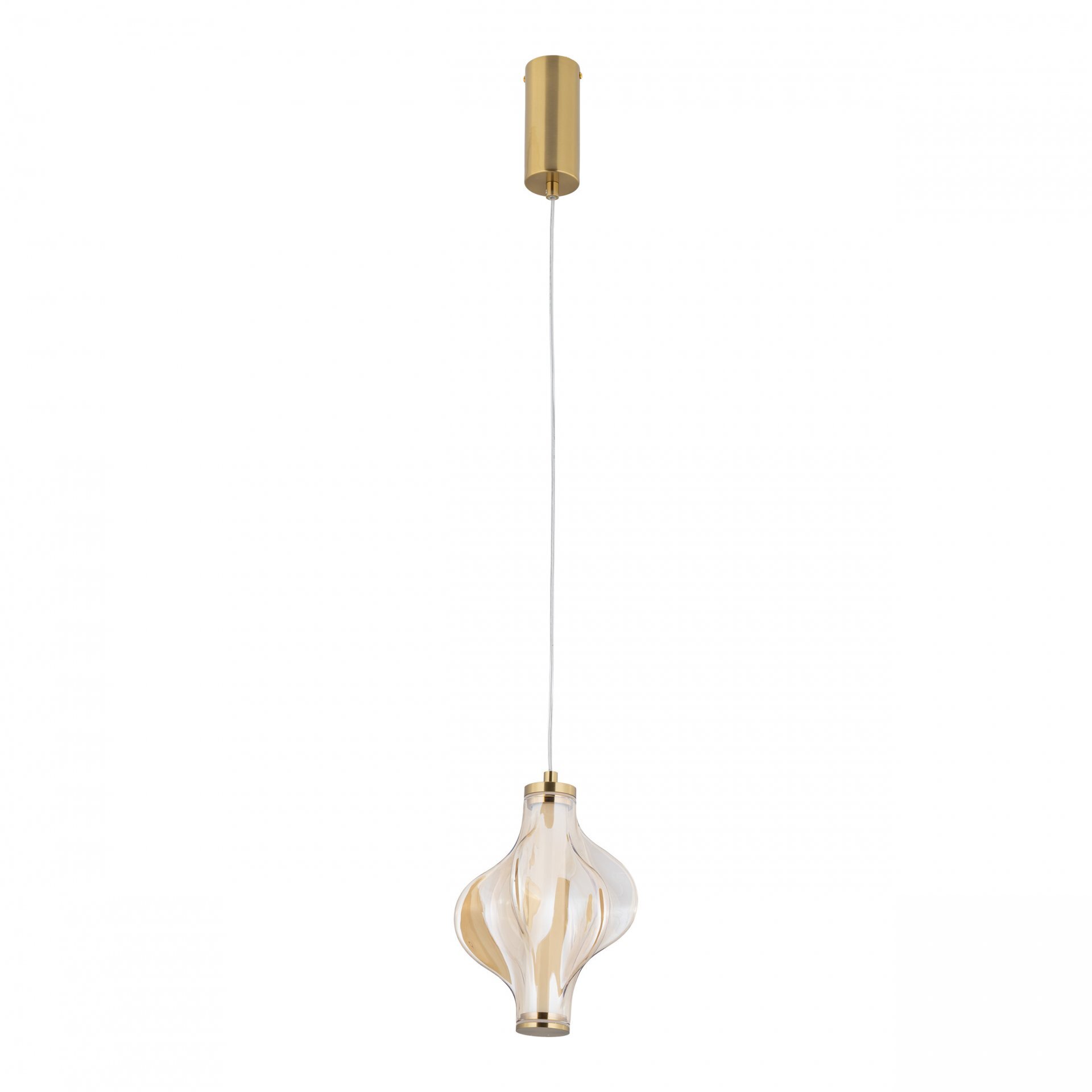 Lampa wisząca z przezroczystym kloszem o falistym kształcie i złotym wykończeniu. Zawieszona na cienkim przewodzie z cylindrycznym mocowaniem sufitowym w kolorze złotym.