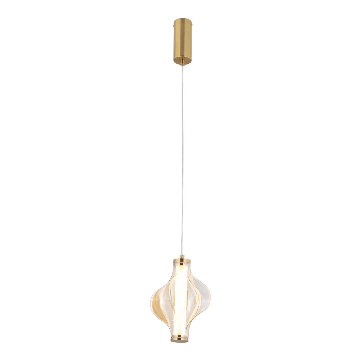 Lampa wisząca LED z mosiężnym wykończeniem i przezroczystym kloszem o falistym kształcie, zawieszona na cienkim przewodzie. Górna część lampy to cylindryczna osłona w kolorze mosiądzu.
