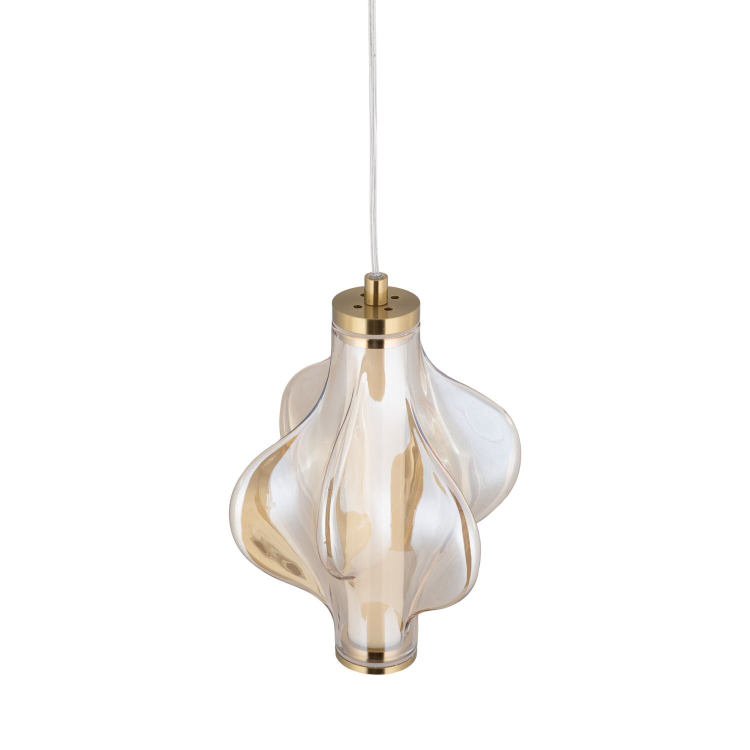 Lampa wisząca z przezroczystym kloszem o falistym kształcie i mosiężnym wykończeniu. Zawieszona na cienkim przewodzie, posiada metalowe elementy w kolorze złotym.
