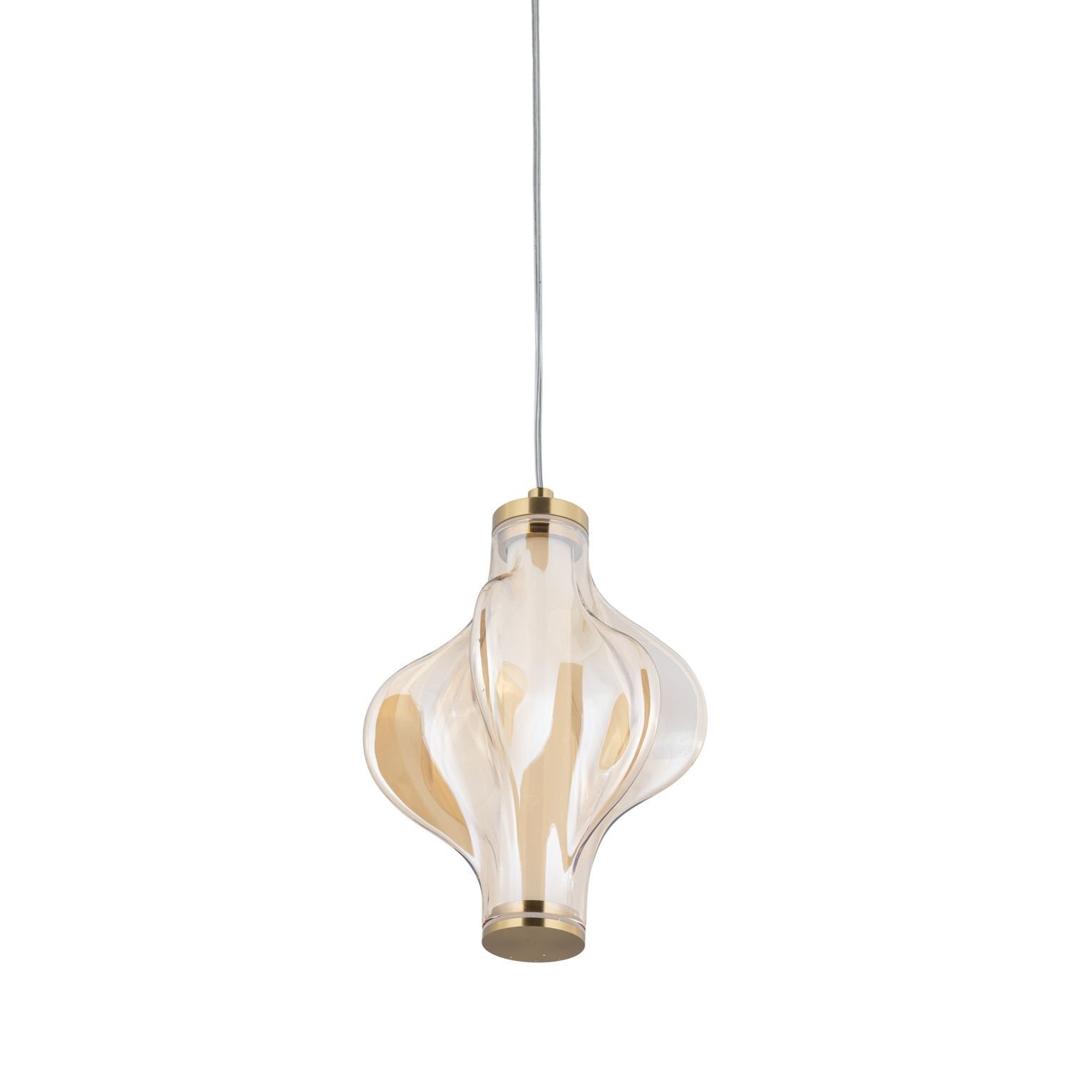 Lampa wisząca o nowoczesnym kształcie z przezroczystym kloszem i mosiężnymi elementami. Zawieszona na cienkim przewodzie, emituje ciepłe białe światło.