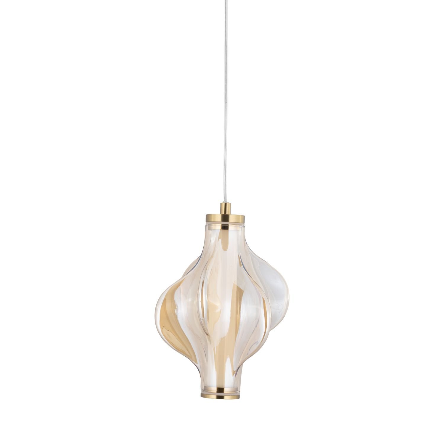 Lampa wisząca z przezroczystym kloszem o falistym kształcie i złotymi elementami. Zawieszona na cienkim białym przewodzie.