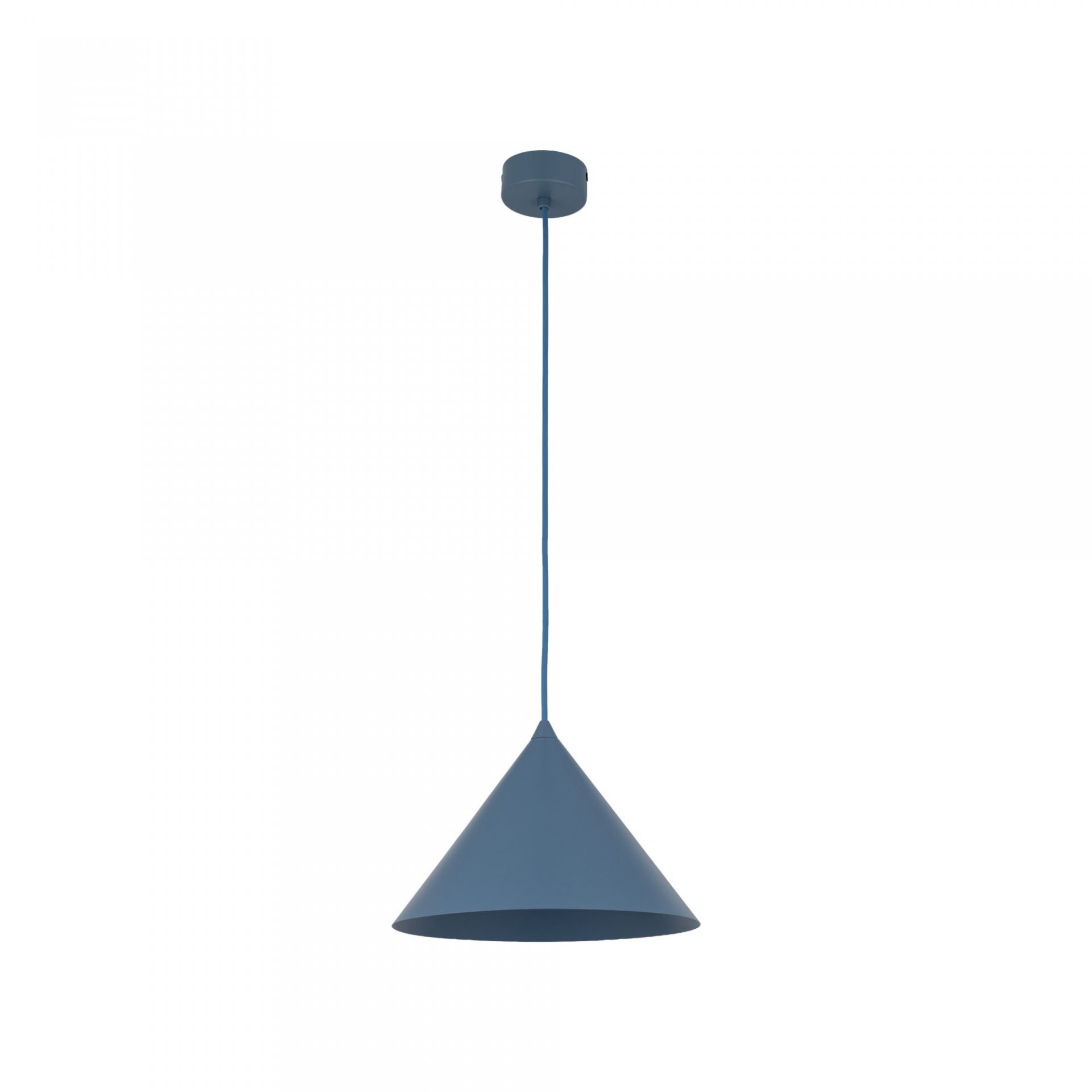 Na obrazie widoczna jest granatowa, stożkowa lampa wisząca z regulowanym przewodem. Lampa wykonana jest ze stali lakierowanej.