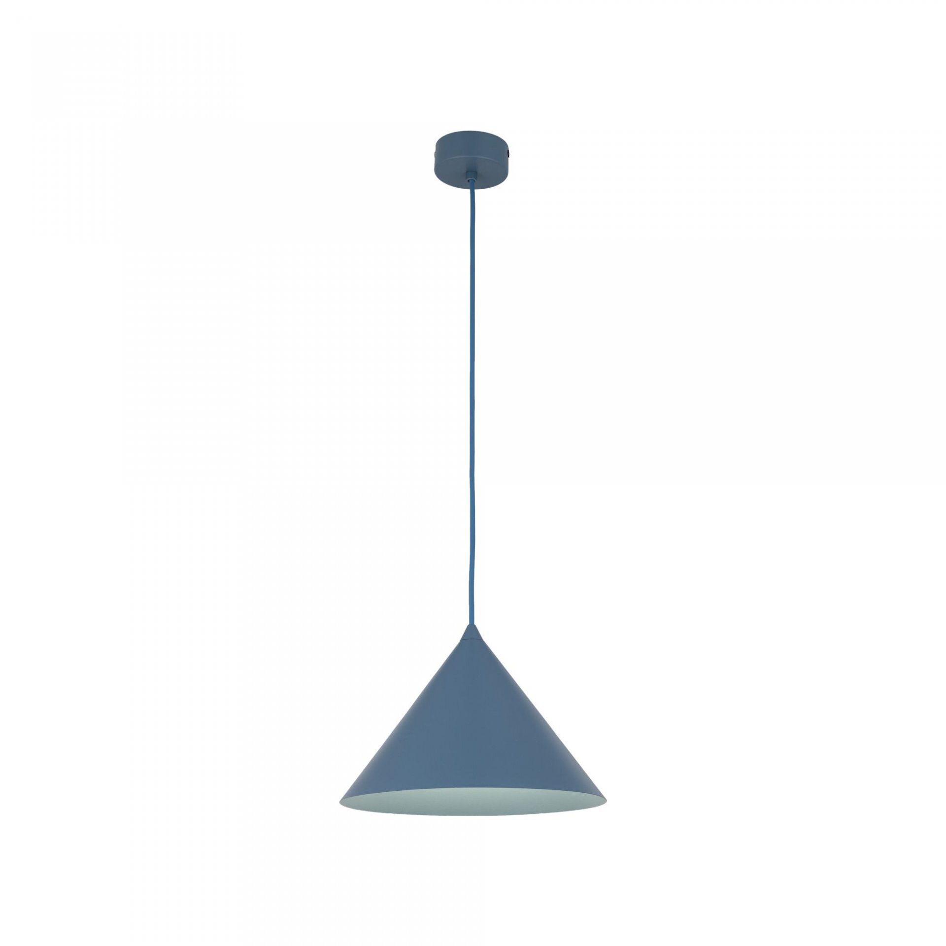 Na obrazie widoczna jest granatowa, stożkowa lampa wisząca z regulowanym przewodem. Lampa wykonana jest ze stali lakierowanej.