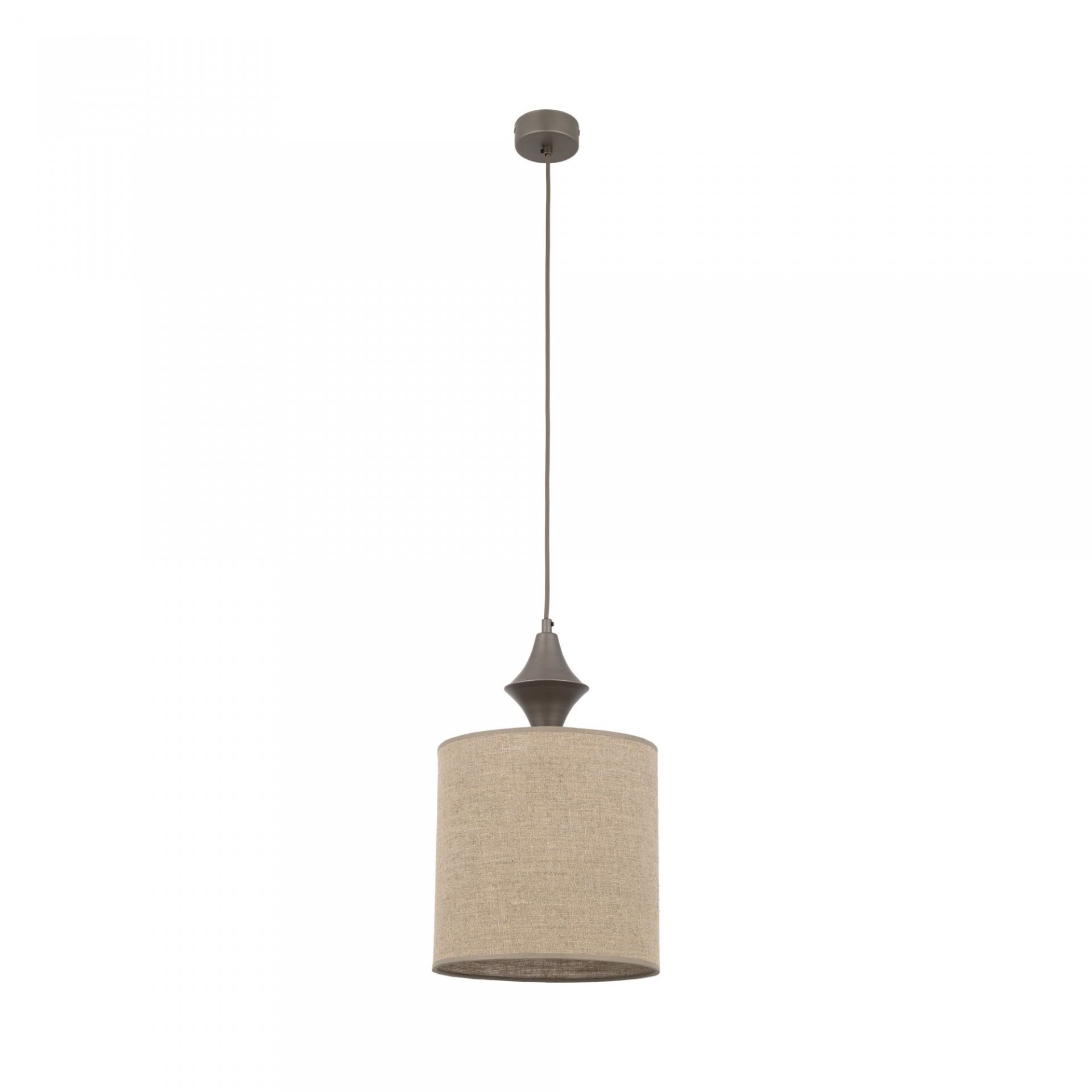 Lampa wisząca z cylindrycznym kloszem w kolorze ciemnego brązu, zawieszona na cienkim przewodzie. Klosz wykonany z materiału przypominającego len.