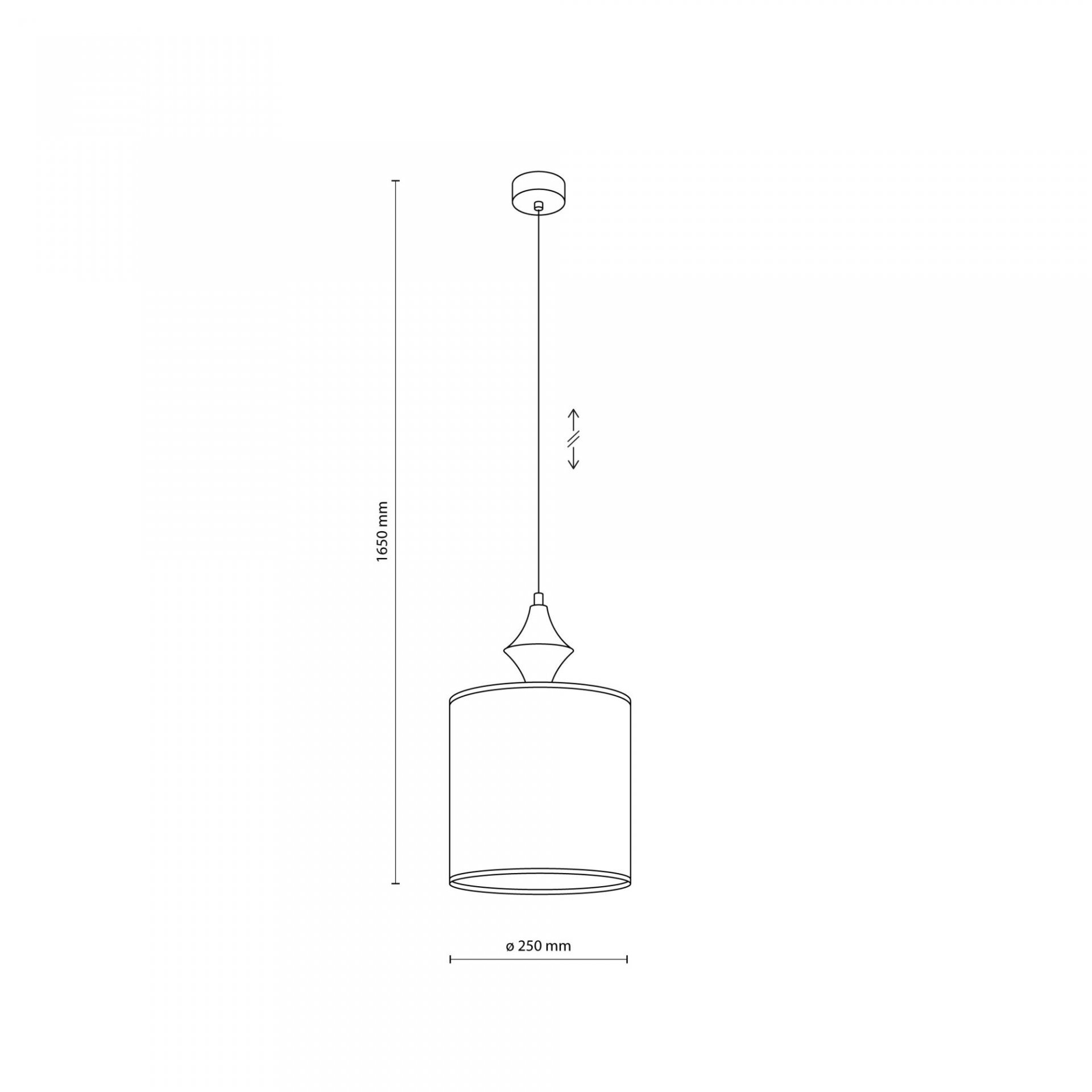 Schematyczny rysunek lampy wiszącej z cylindrycznym kloszem i dekoracyjnym elementem nad nim. Wymiary: wysokość 1650 mm, średnica 250 mm.