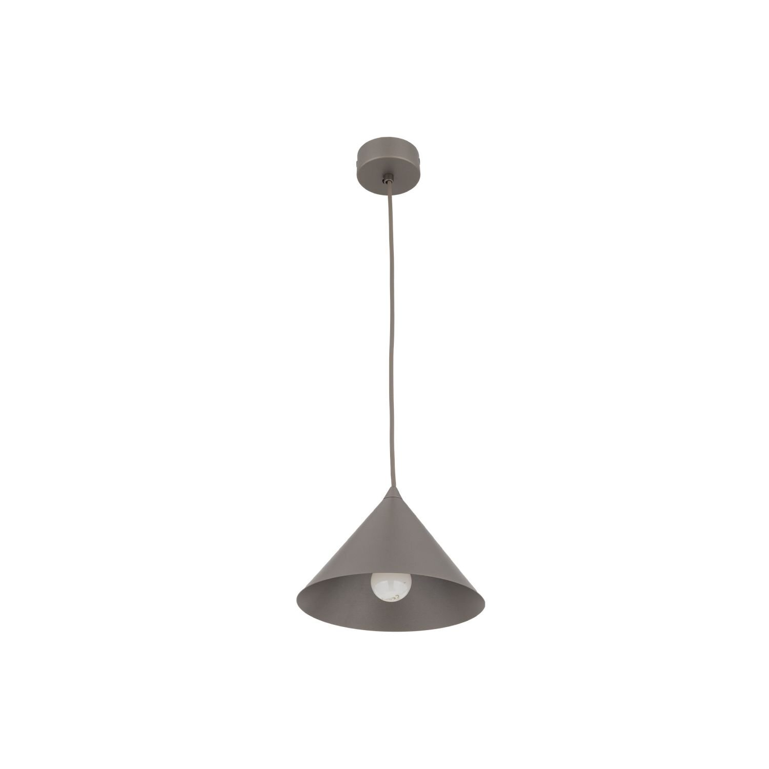 Brązowa lampa wisząca o stożkowym kształcie z widoczną żarówką wewnątrz. Lampa jest zawieszona na regulowanym przewodzie przymocowanym do okrągłej podsufitki.