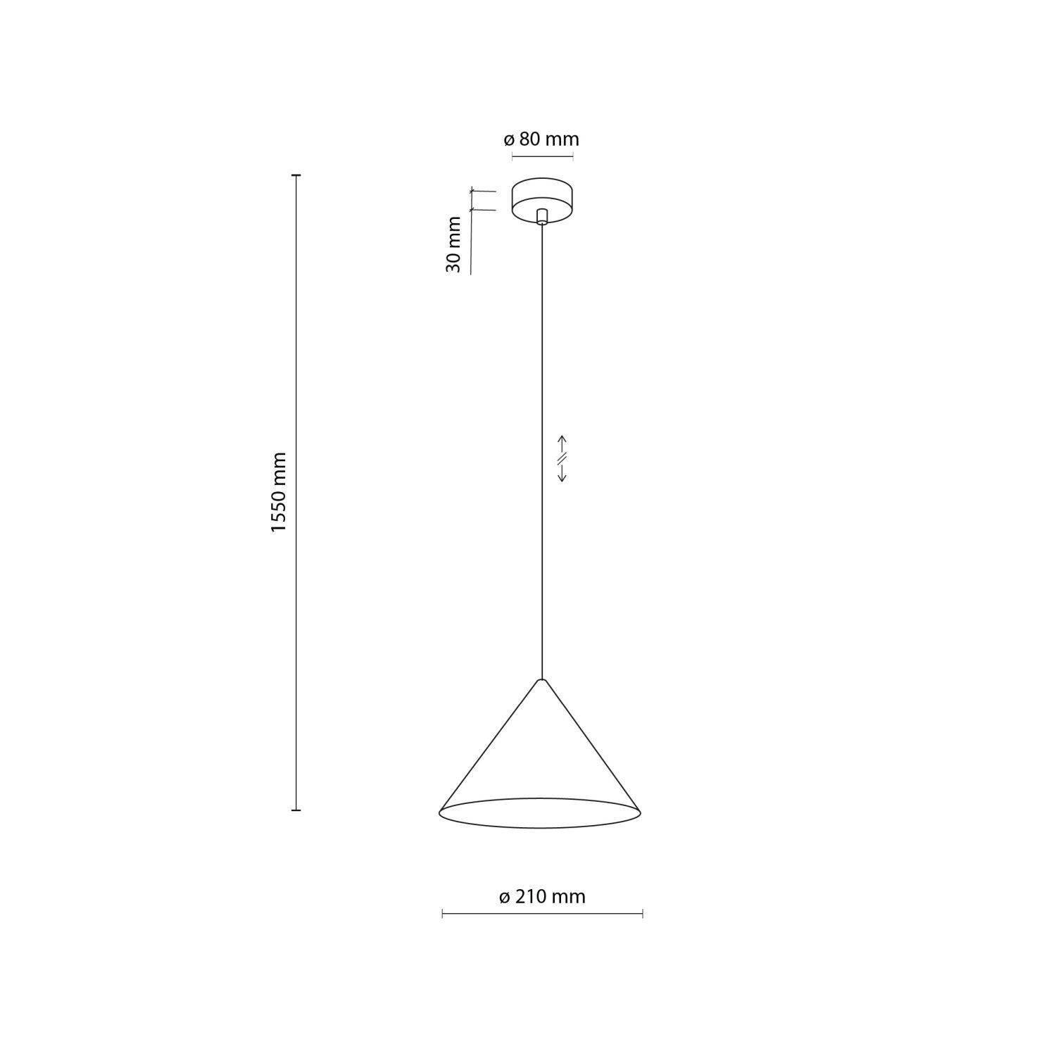 Schemat lampy wiszącej o stożkowym kształcie z wymiarami: wysokość 1550 mm, średnica klosza 210 mm, średnica podsufitki 80 mm, wysokość podsufitki 30 mm. Lampa posiada regulację wysokości.
