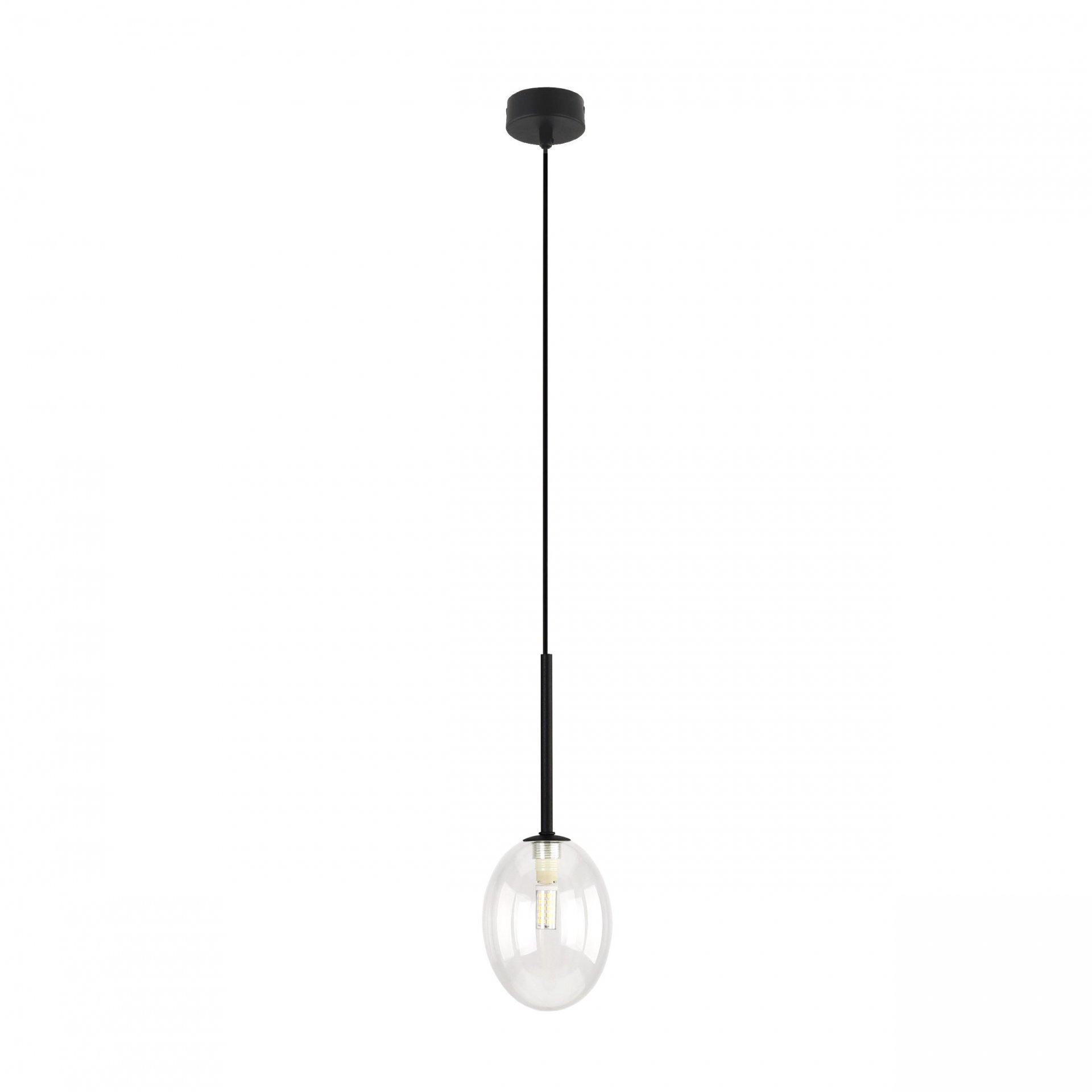 Lampa wisząca z przezroczystym, szklanym kloszem w kształcie kuli, zawieszona na czarnym przewodzie. Elementy montażowe są również czarne.