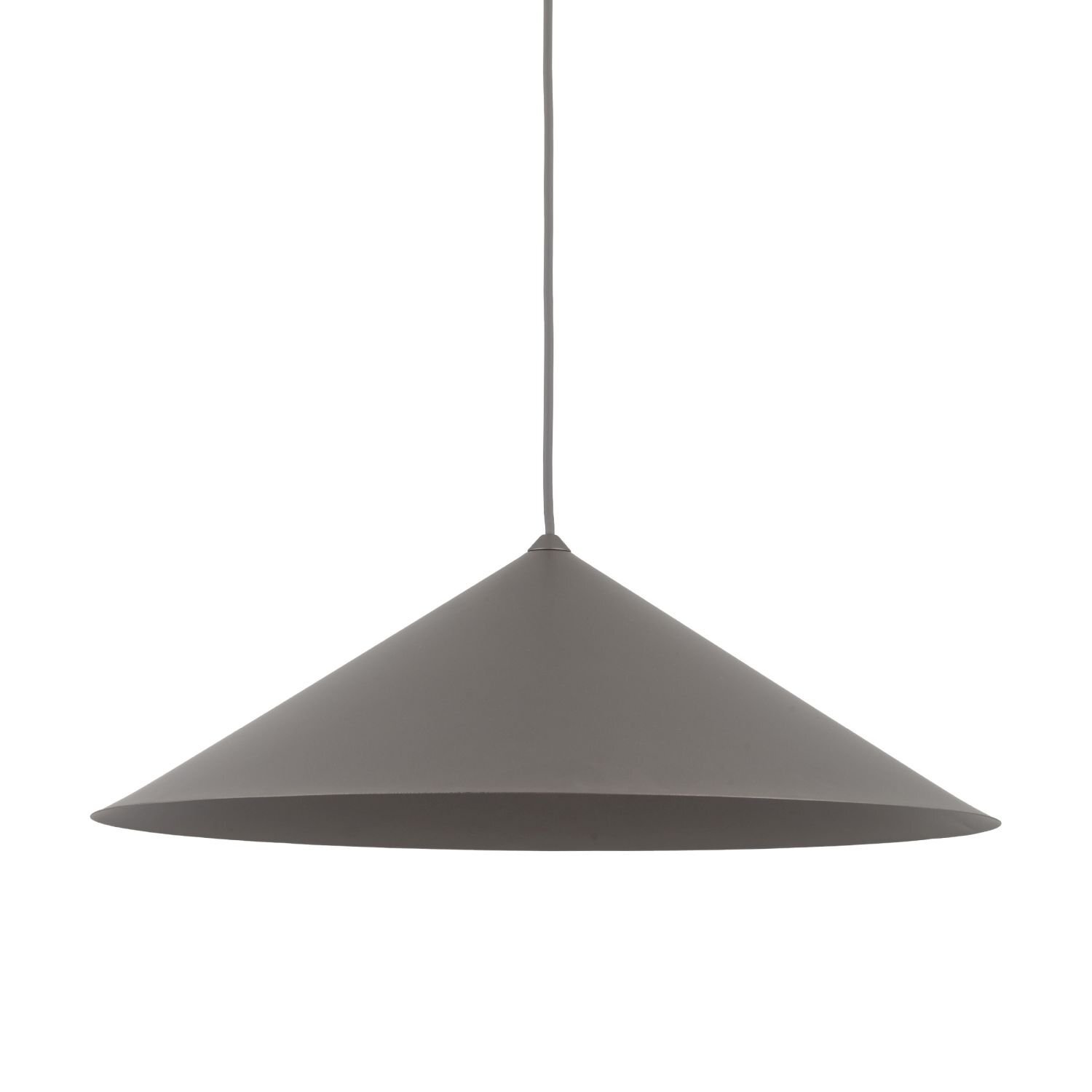 Brązowa lampa wisząca o stożkowym kształcie z długim przewodem. Lampa ma minimalistyczny design i jednolitą powierzchnię.