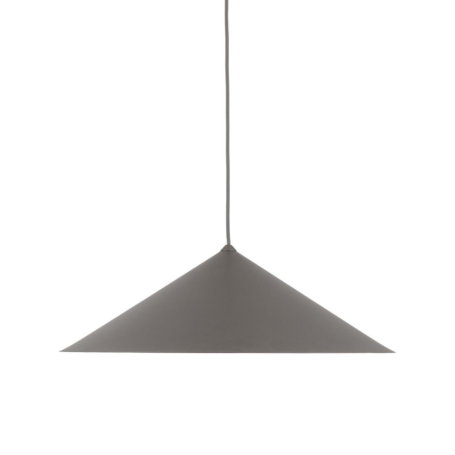 Brązowa lampa wisząca o stożkowym kształcie z długim przewodem. Lampa ma minimalistyczny design i gładką powierzchnię.
