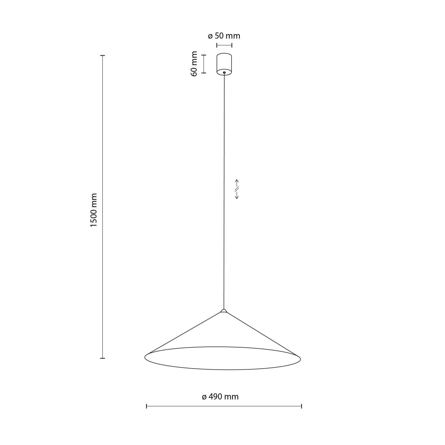Schemat lampy wiszącej z wymiarami: wysokość 1500 mm, średnica klosza 490 mm, średnica mocowania 50 mm, wysokość mocowania 60 mm.